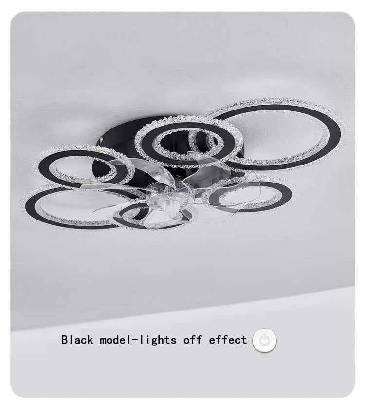 6 Ringen Kristallen Plafondventilator - Zwart - 6 Snelheden - Smart lamp - Dimbaar Met Afstandsbediening & APP - Moderne Cirkel Ventilator Licht - Crystal Kroonluchter Ventilator