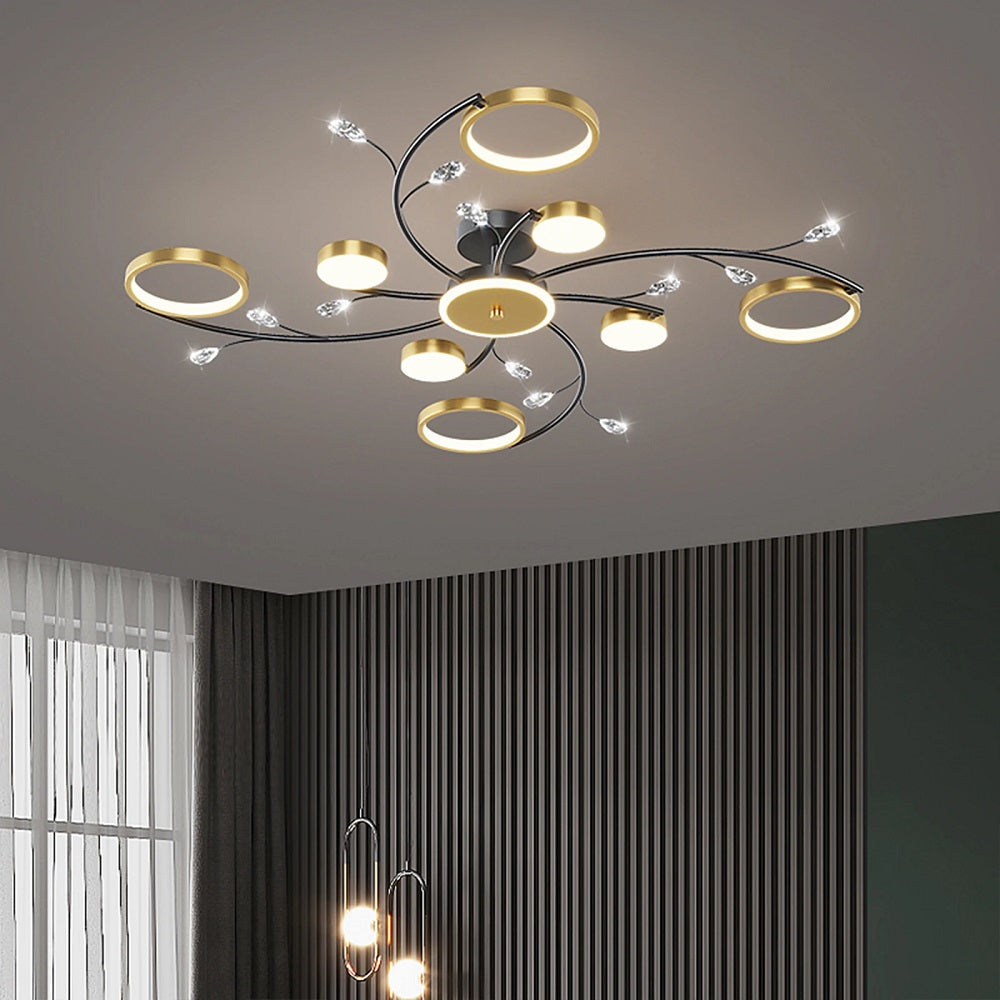 Moderne 8 Ringen LED Kroonluchter - Goud/Zwart - Dimbaar Met Afstandsbediening En App - Voor Woonkamer En Eetkamer