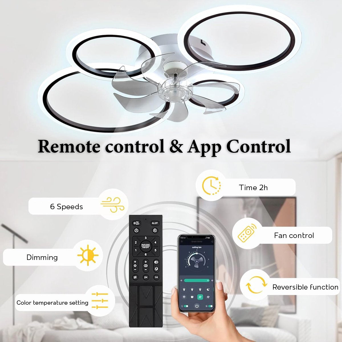 LuxiLamps - 4 Ringen LED Plafondventilator - Zwart - 6 Snelheden - Smart lamp - Dimbaar Met Afstandsbediening & APP - Moderne Cirkel Ventilator Licht - Kroonluchter Ventilator