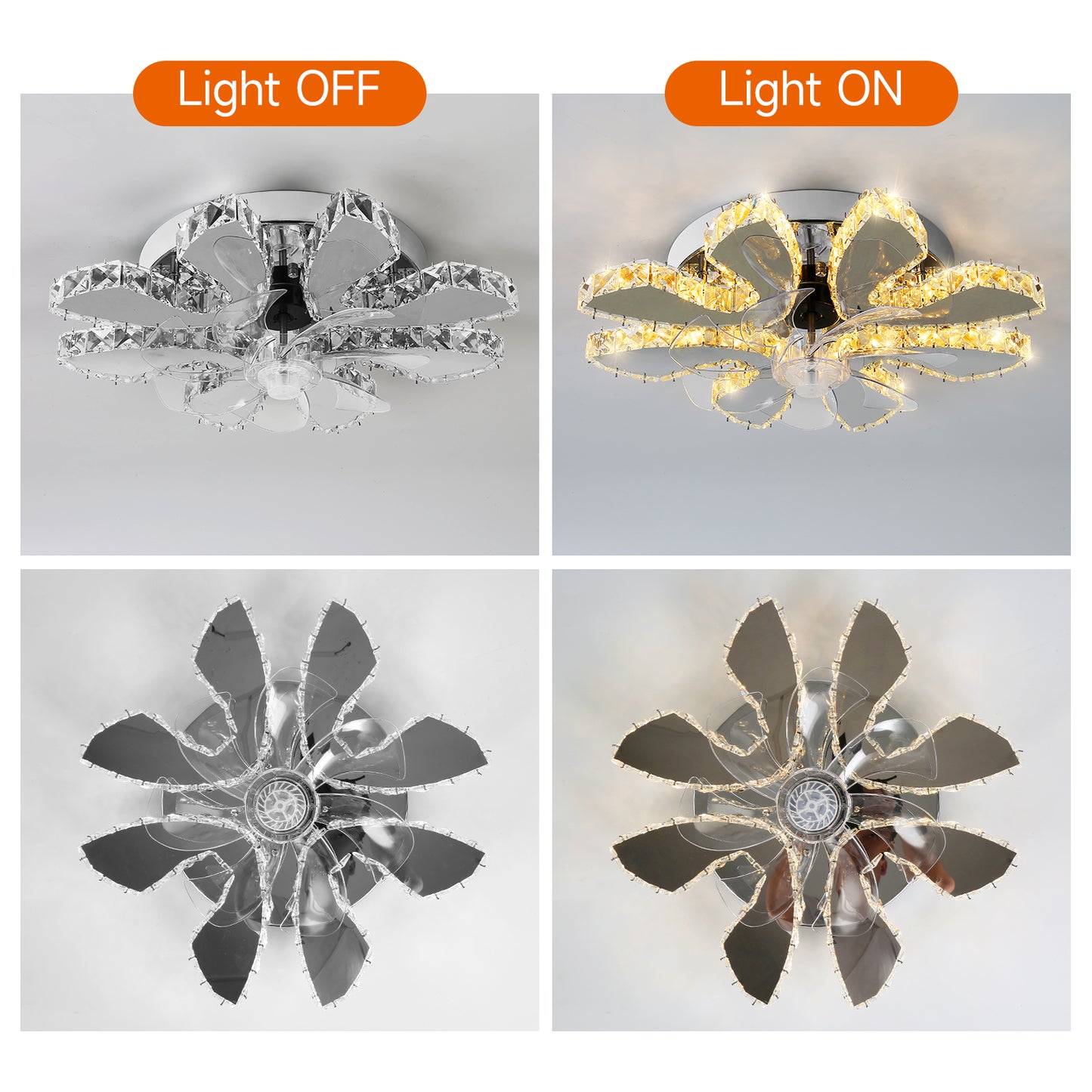 6 Lotus Kristallen Ventilator Lamp - Crystal Plafondventilator - Smart Lamp - Met Dimmer - 3 Standen Ventilator - Keuken Lamp - Woonkamer Lamp - Moderne Lamp