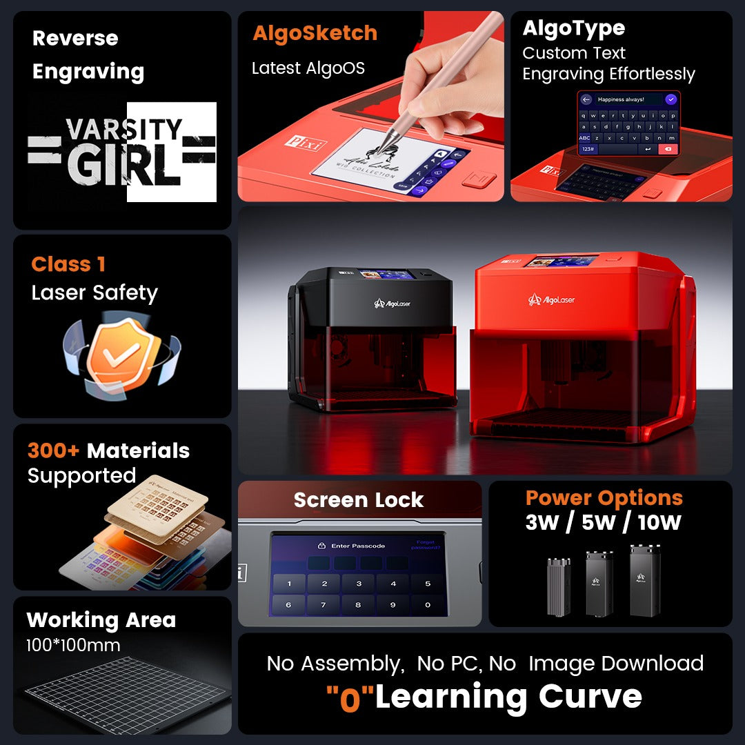 Laser Graveermachine Pixi 5W - 3.5 Inch Touchscreen - Laser Cutter - Laserprinter All In One - Graveren - Display - Zwart/Rood - Laser Snijmachine - Bedienbaar Met APP