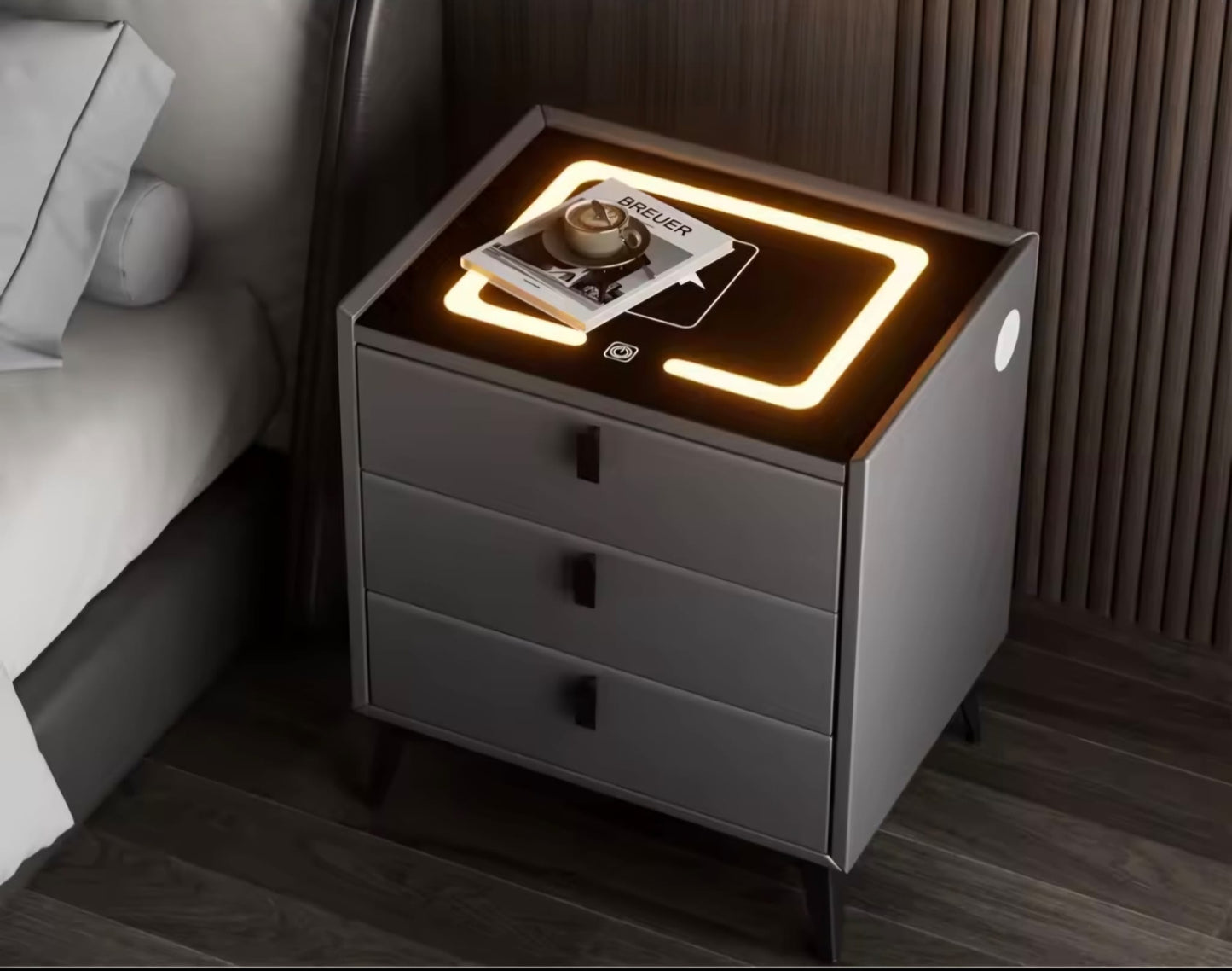 Nachtkast Met LED - 3 USB Poorten - Draadloos Opladen - Grijs - 3 Laden - 60x50x45cm - Slim Nachtkastje - Slaapkamer - 3 Kleuren LED