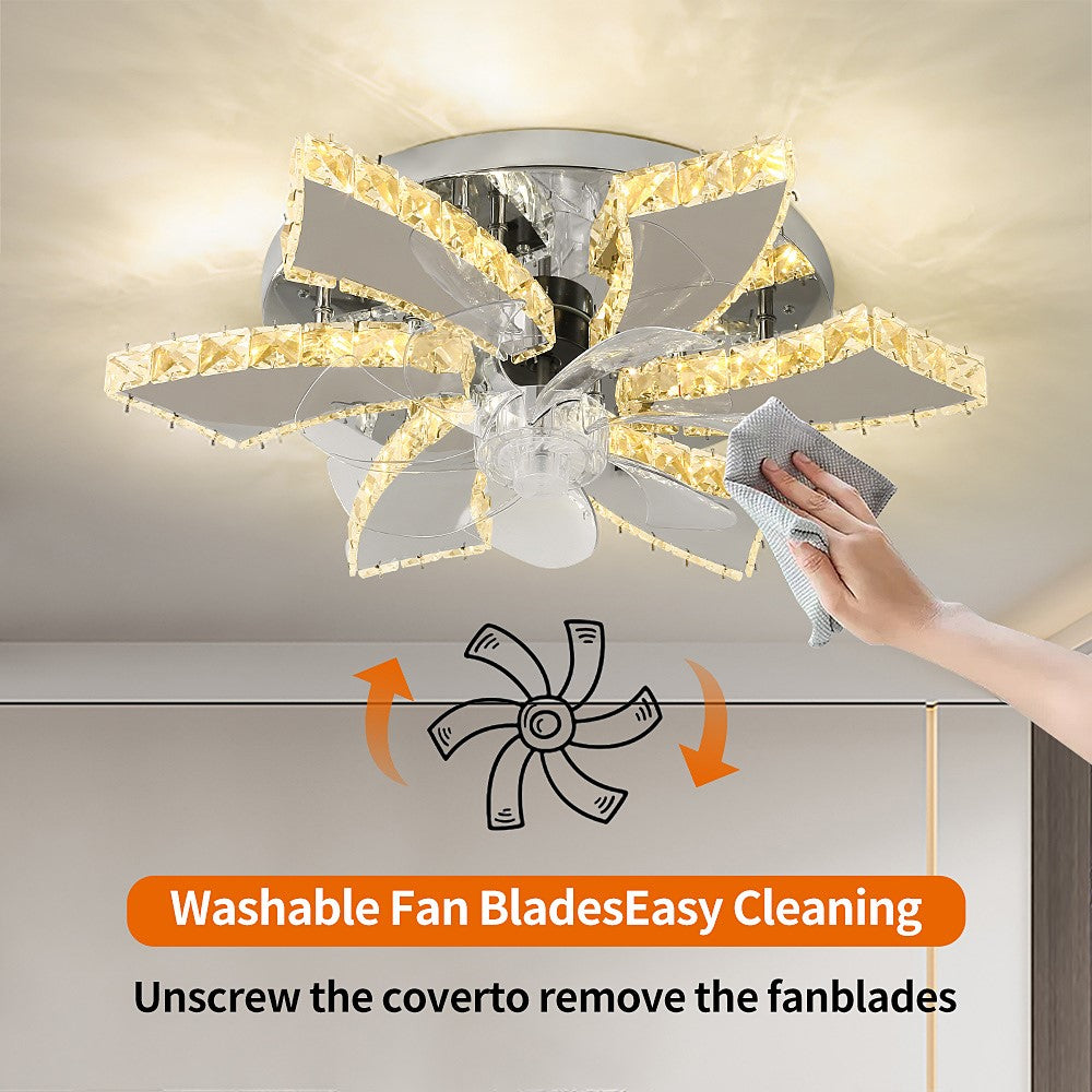 6 Lotus Kristallen Ventilator Lamp - Crystal Plafondventilator - Smart Lamp - Met Dimmer - 3 Standen Ventilator - Keuken Lamp - Woonkamer Lamp - Moderne Lamp