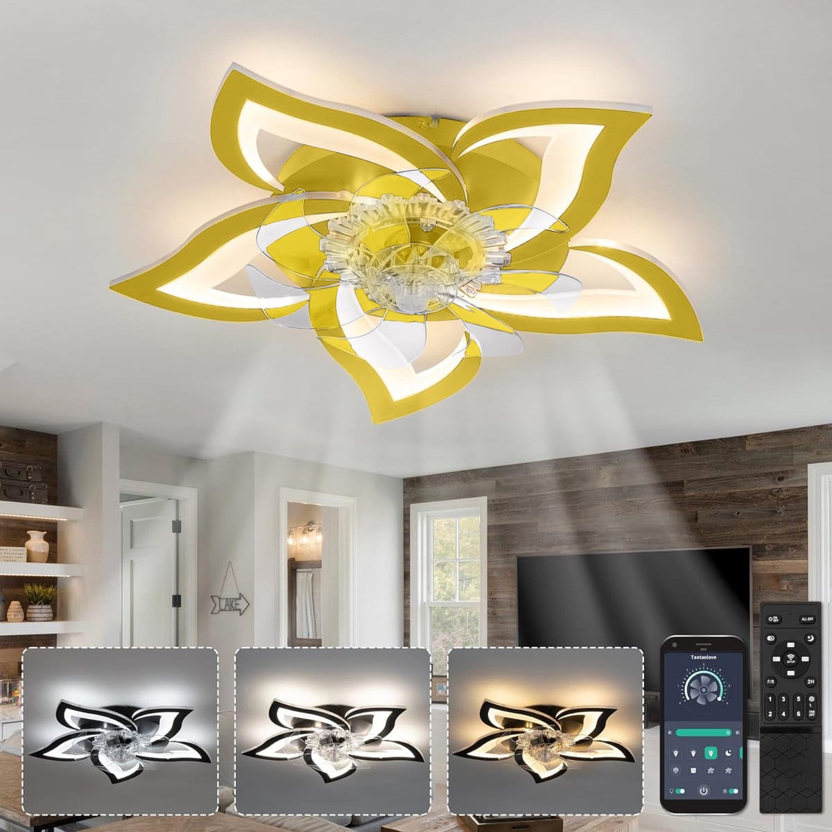 5 Lotus Ventilator Lamp - Plafondventilator - Zwart - Smart Lamp - Met Dimmer - 6 Standen Ventilator - Keuken Lamp - Woonkamerlamp - Moderne lamp