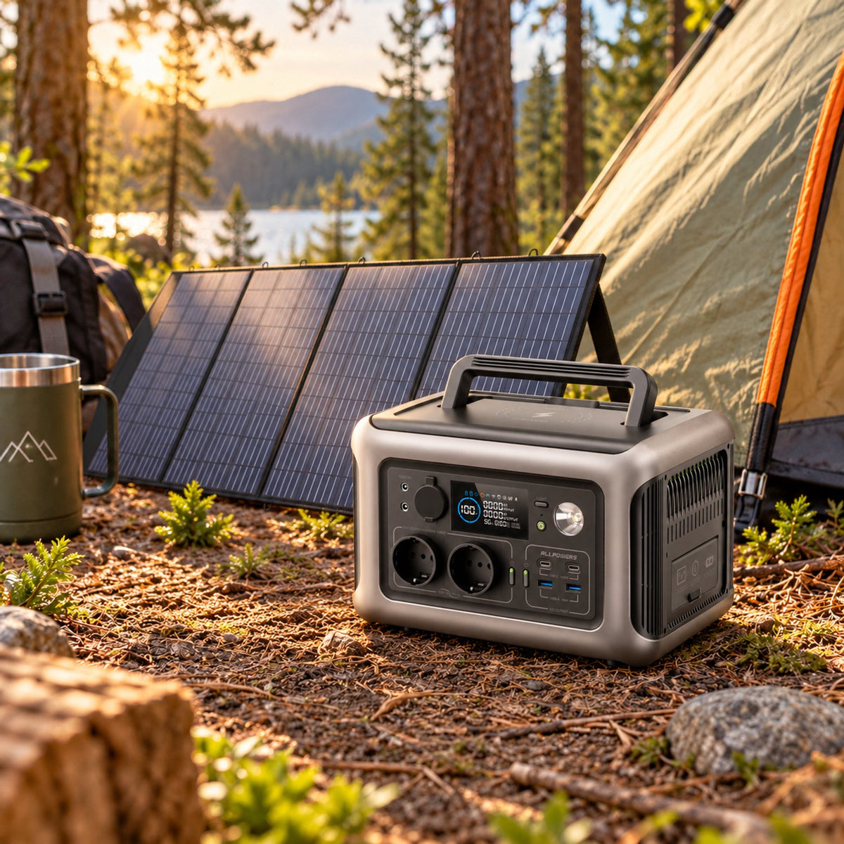 Allpowers® - R600 Powerstation + 200W Zonnepaneel Set - 600W Draagbare Accu - 299Wh LFP Batterij - 10 Apparaten Gelijktijdig Opladen - 220–240 V Zuivere Sinus AC-uitgang - Inclusief Opvouwbaar Zonnepaneel