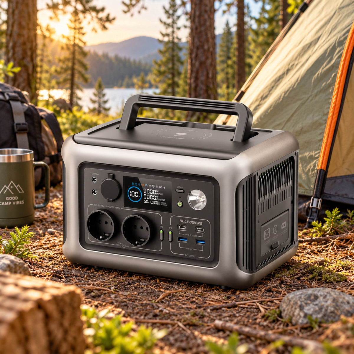 ALLPOWERS R600B - Draagbare Generator – 299Wh Capaciteit- LiFePO4 Powerstation – Output 600W - Piek 1200W - 8 Outputs AC/DC & USB - Compacte Stroomvoorziening met Stopcontacten - Kamperen en Outdoor Avonturen - Noodstroom - Draadloos Laden - met APP