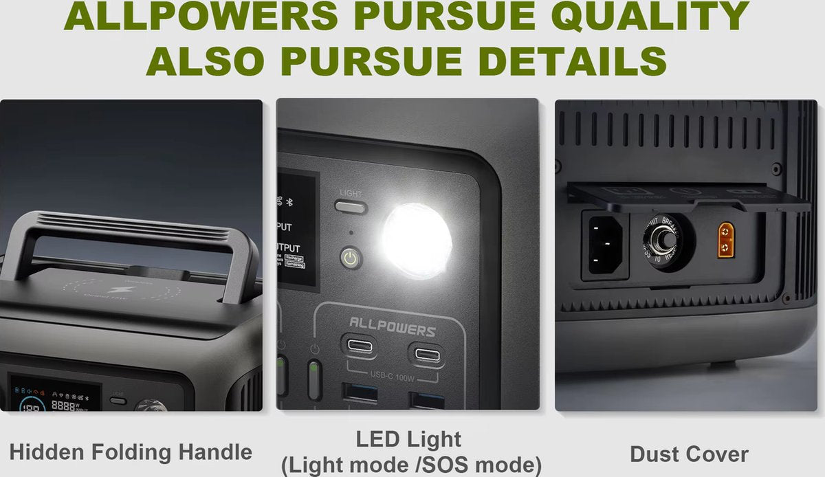 ALLPOWERS R600B - Draagbare Generator – 299Wh Capaciteit- LiFePO4 Powerstation – Output 600W - Piek 1200W - 8 Outputs AC/DC & USB - Compacte Stroomvoorziening met Stopcontacten - Kamperen en Outdoor Avonturen - Noodstroom - Draadloos Laden - met APP