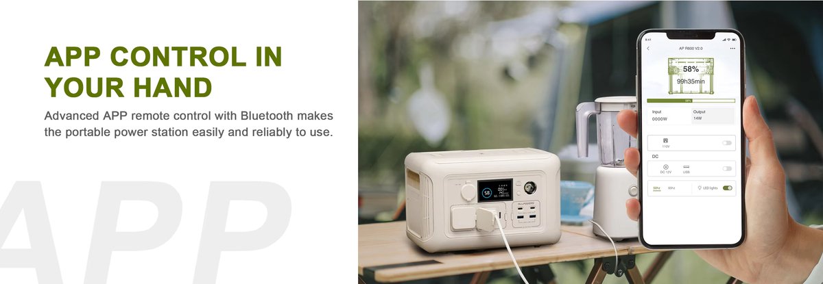 Allpowers R600W - Portable Generator – 299Wh Capacity - LiFePO4 Power Station – 600W Output - 1200W Peak - 8 AC/DC & USB Outputs - Compact Power Supply with Outlets - Camping - Emergency Power - Wireless Charging - with APP