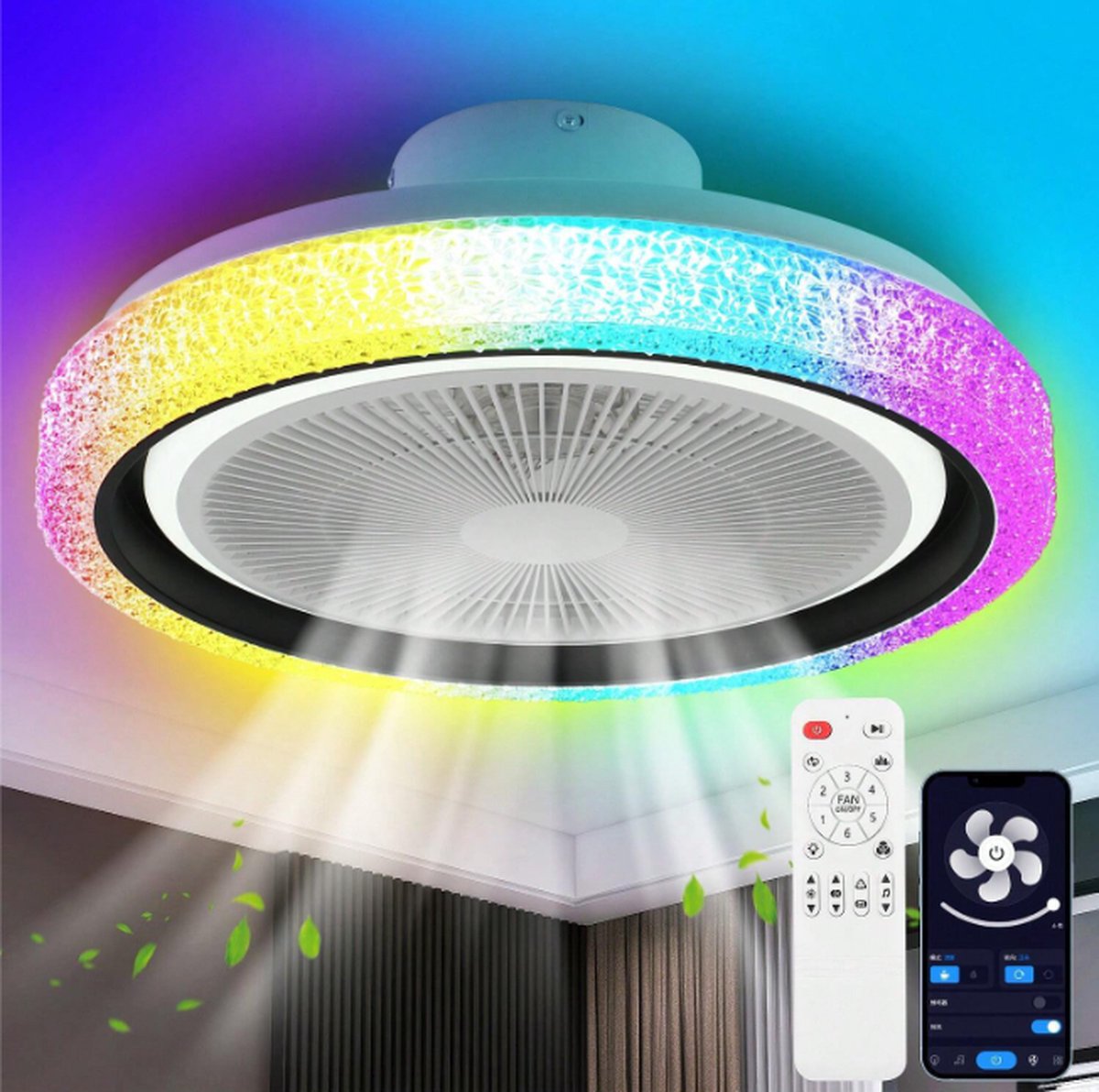 Plafondventilator Met Verlichting - Rond RGB-Licht - Wit - RGB En Dimbaar - Met Afstandsbediening