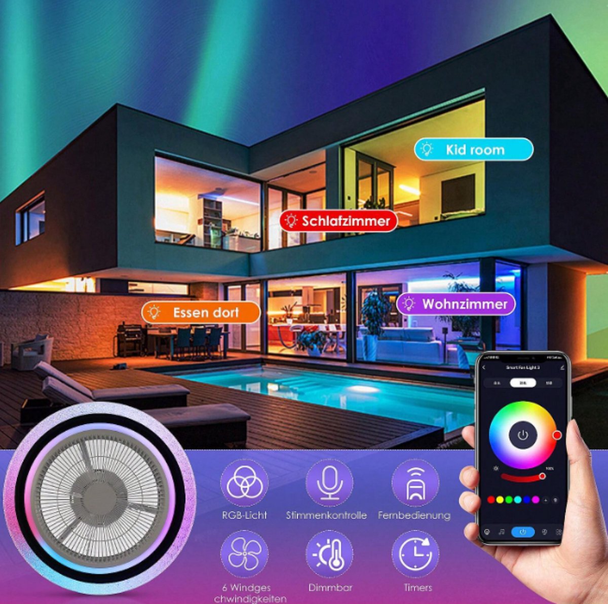 Plafondventilator Met Verlichting - Rond RGB-Licht - Wit - RGB En Dimbaar - Met Afstandsbediening