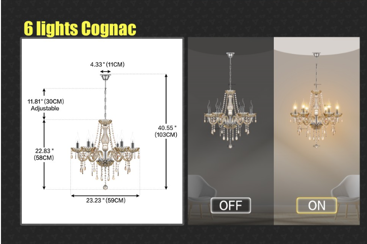 Crystal Chandelier - 6 Light Points - Classic Candle Style - Pendant For Living And Dining Rooms