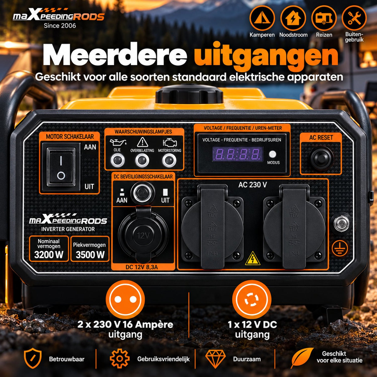 Draagbare Benzine Generator - Inverter - Betrouwbare Generator voor Outdoor - Kamperen - Stroomuitval - 3500W Piek - 3200W Continu - 4-Takt 223cc