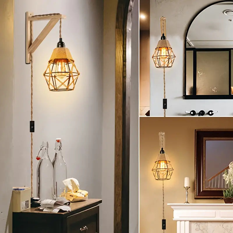LuxiLamps - Houten Wandkandelaar Lamp - Met Metalen Kooischaduw - Met Stekker - E26 - Wandlamp - Muur Decoratie