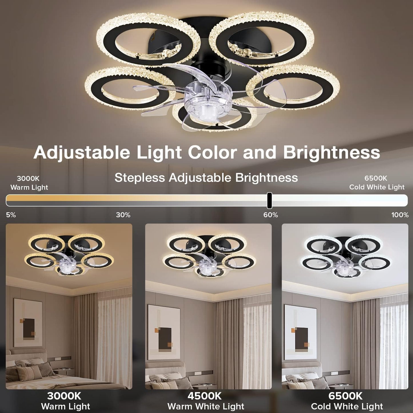 Fan Lamp - Ceiling Fan Black - Smart Lamp - With Dimmer - 6 Speed Fan - Kitchen Lamp - Living Room Lamp - Modern Lamp