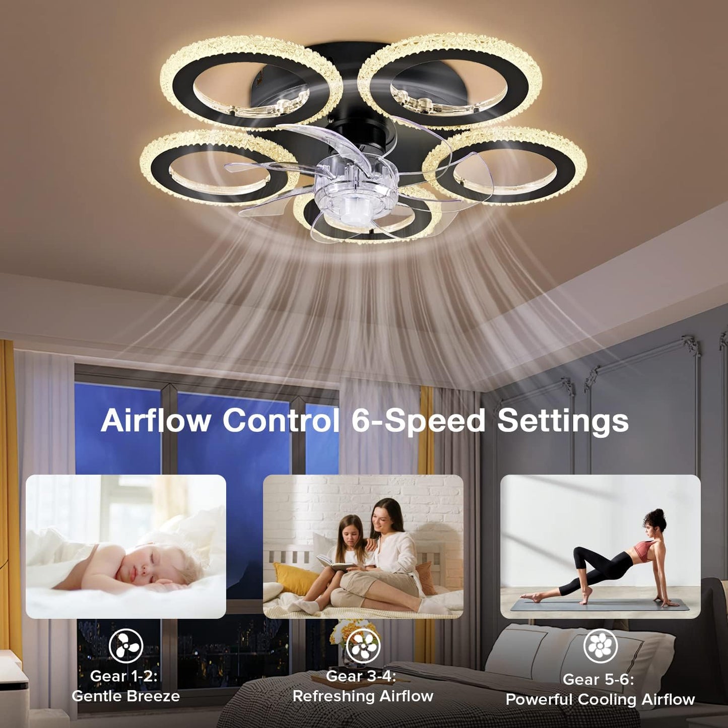 Fan Lamp - Ceiling Fan Black - Smart Lamp - With Dimmer - 6 Speed Fan - Kitchen Lamp - Living Room Lamp - Modern Lamp