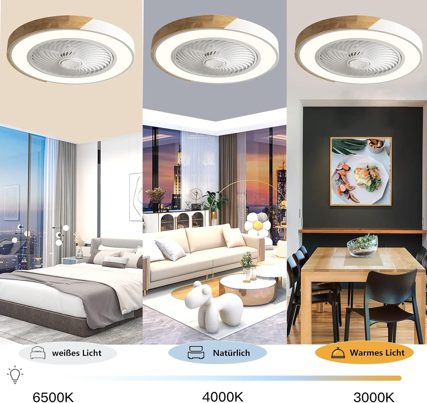 LuxiLamps - Houten Ventilator Lamp - Plafondventilator - Wit/Hout - Smart Lamp - Met Dimmer - 6 Standen Ventilator - Keuken Lamp - Woonkamerlamp - Moderne lamp