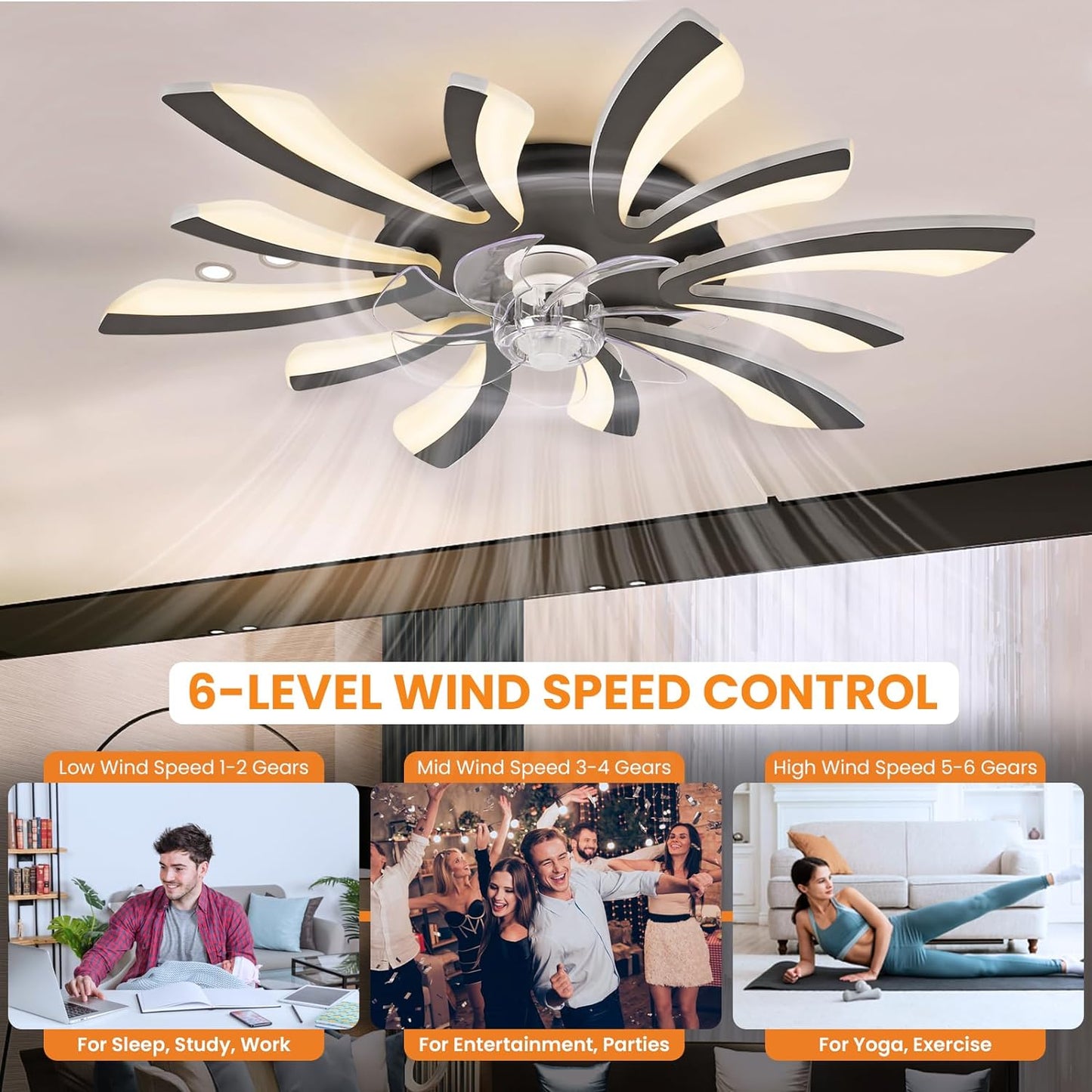 LuxiLamps - 5 Vleugel Ventilator Lamp - Dimbaar Met Afstandsbediening - Zwart - Plafondventilator Met LED - Woonkamerlamp - Moderne lamp - Plafonniere