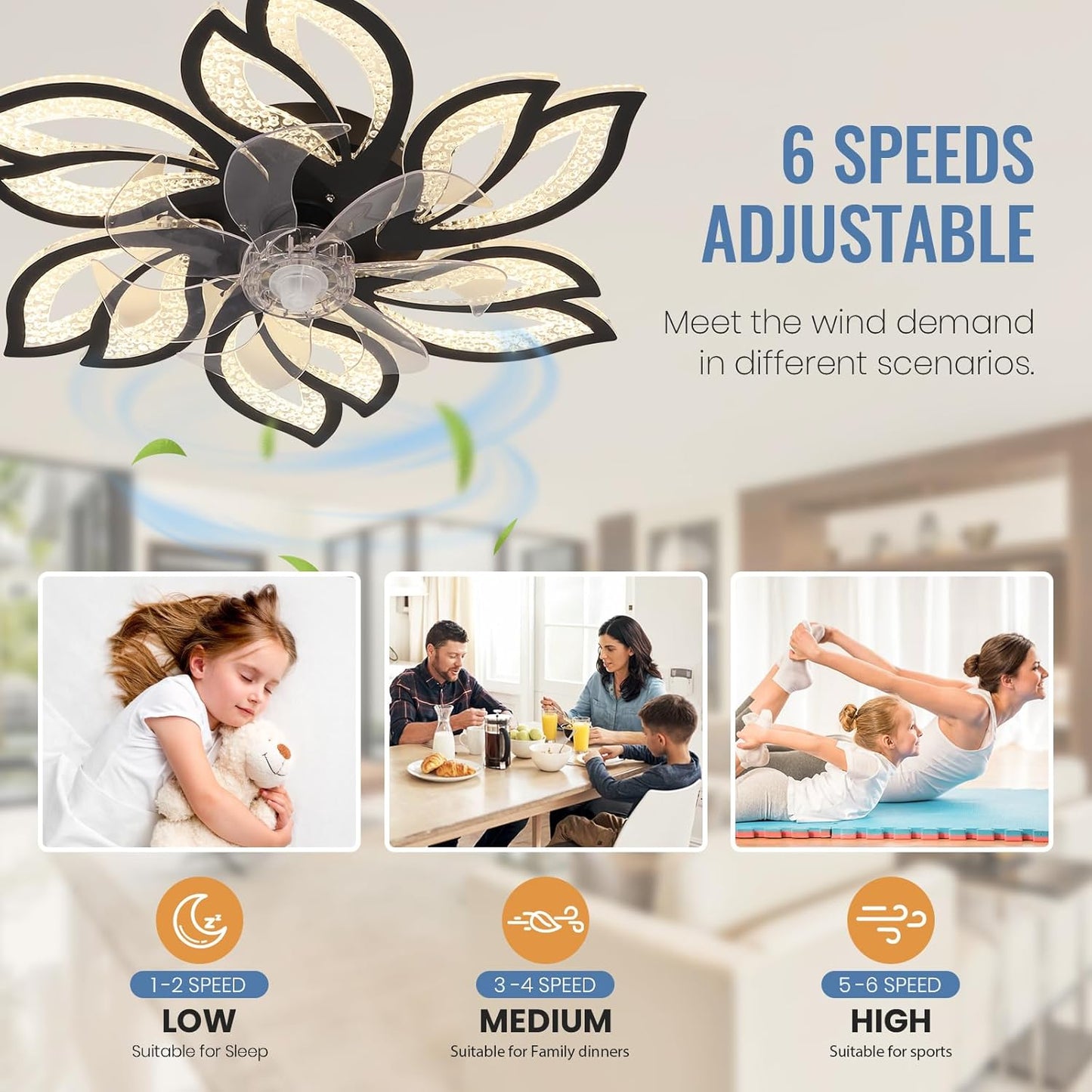 6 Bloem Crystal Ventilator Lamp - Plafondventilator - Zwart - 6 Standen - Smart Lamp - Dimbaar - Kroonluchter Ventilator - Chandelier Fan - Woonkamerlamp - Ventilator Lampen