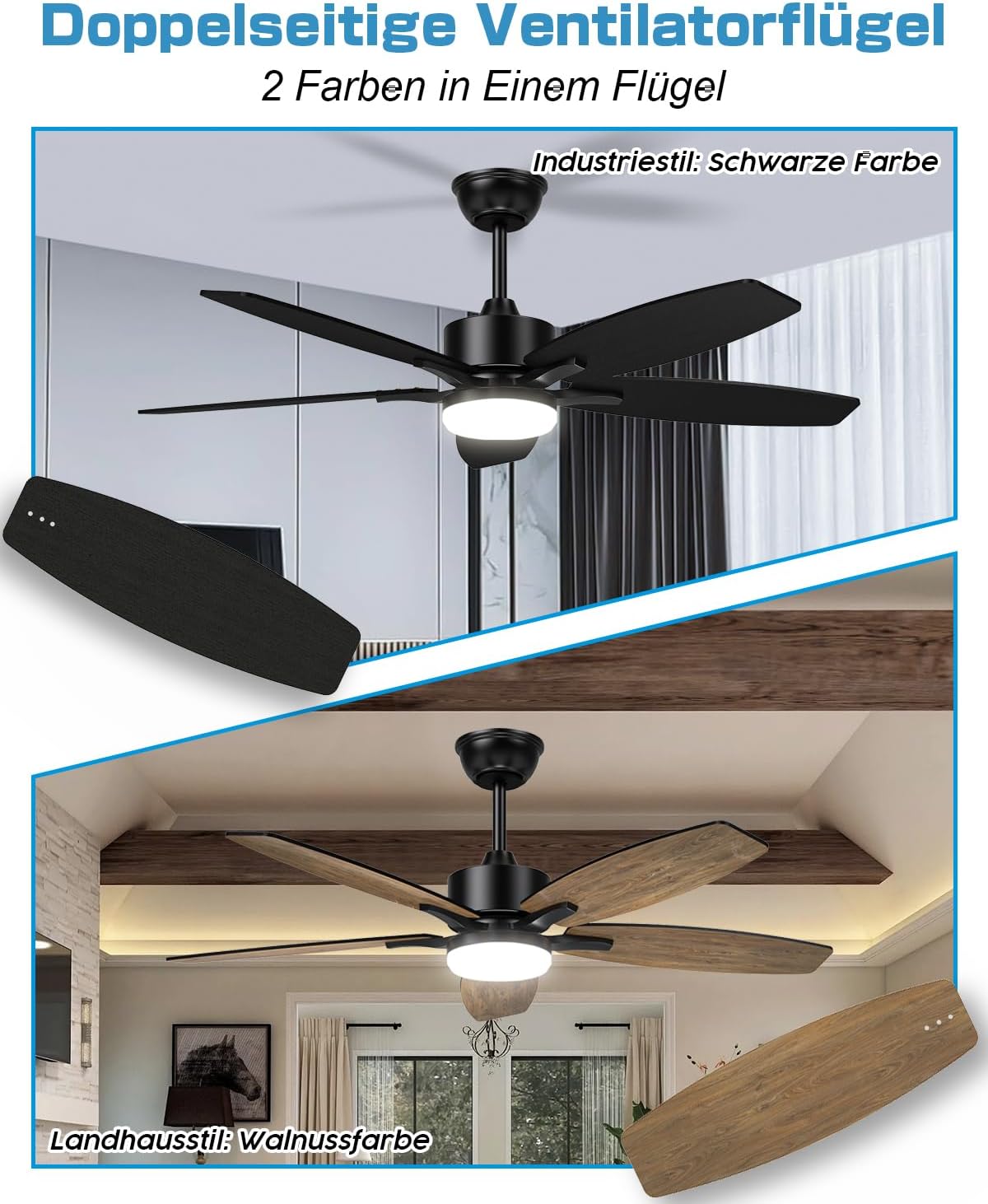 5 Blad Plafondventilator - Moderne LED Ventilator - 6 Snelheden - Dubbelzijdige Vleugels - Zwart of Bruin - Afstandsbediening - 107 cm