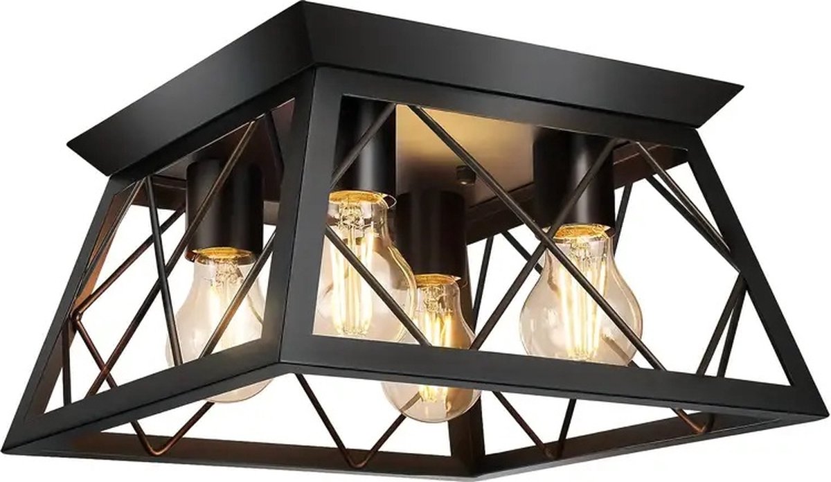 LuxiLamps - Moderne Elegante Kubus Plafondlamp - Retro Metalen Kooi - Zwart - 30 cm - Kroonluchter - Woonkamer Lamp