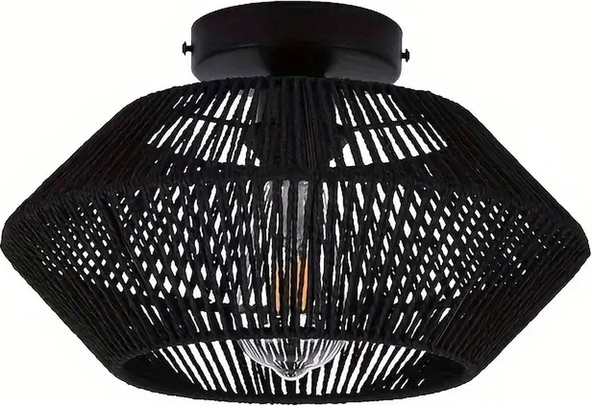 Rieten Plafondlamp - Bamboe Kroonluchter - Rotan Vintage Lamp - E27 - Handgeweven - 30 cm - Zwart
