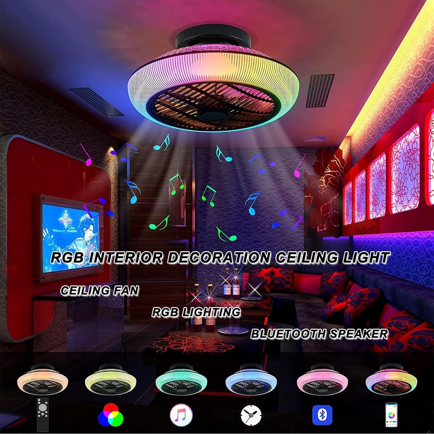 LuxiLamps - RGB Smart Plafond Ventilator - Met Speaker - Dimbaar Met Afstandsbediening En App - Muziek Plafondventilator - 46 cm - Woonkamerlamp - Moderne lamp
