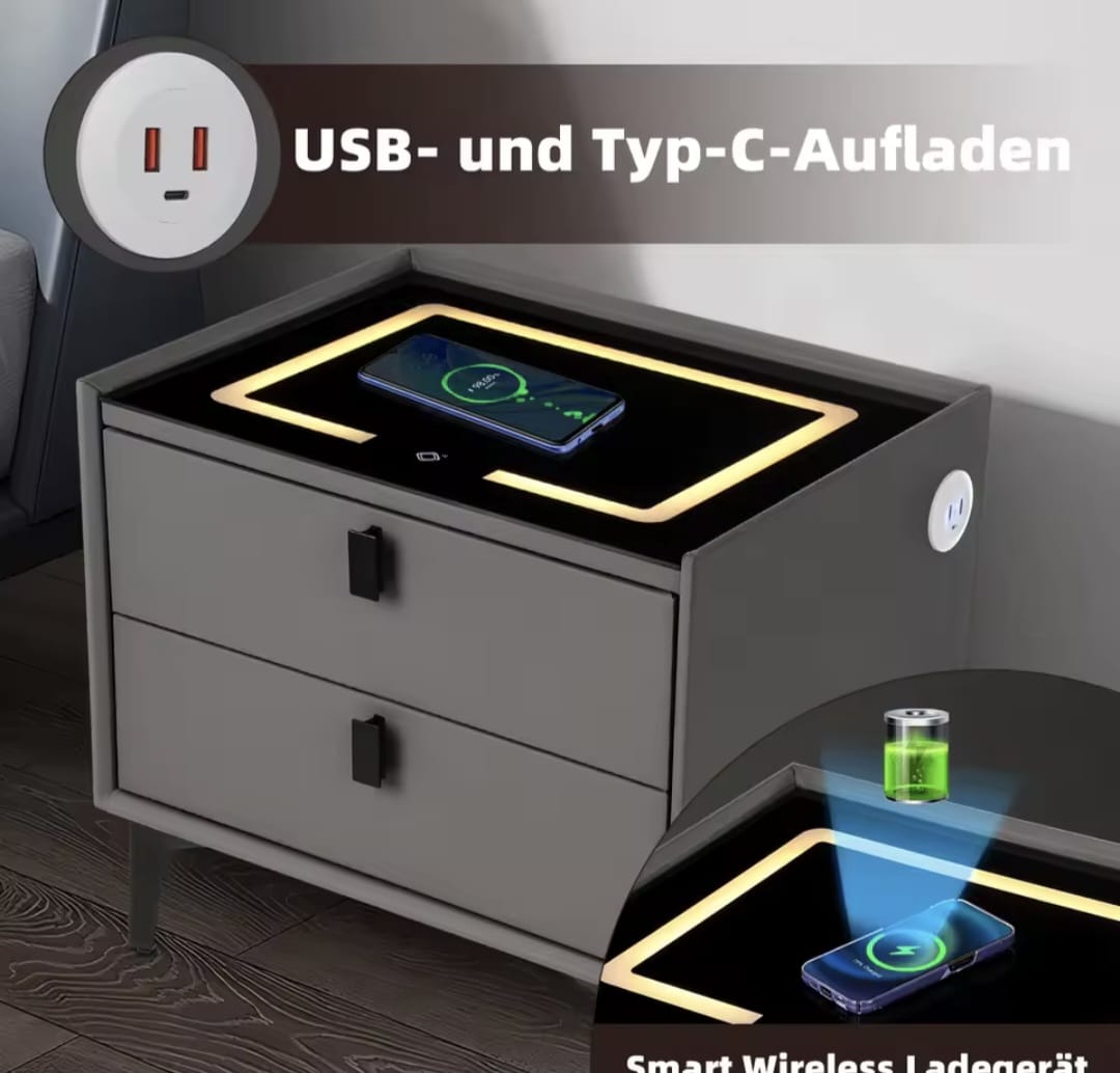 Nachtkast Met LED - 3 USB Poorten - Draadloos Opladen - Grijs - 2 Laden - 50x45x40cm - Slim Nachtkastje - Slaapkamer - 3 Kleuren LED
