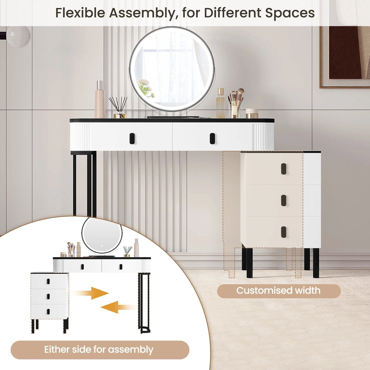 Kaptafel Met LED Spiegel - 5 Laden - USB - Touch Screen - Instelbare LED Verlichting - Make-up Tafel - Mobiele Spiegelijdelheid - Modern Design