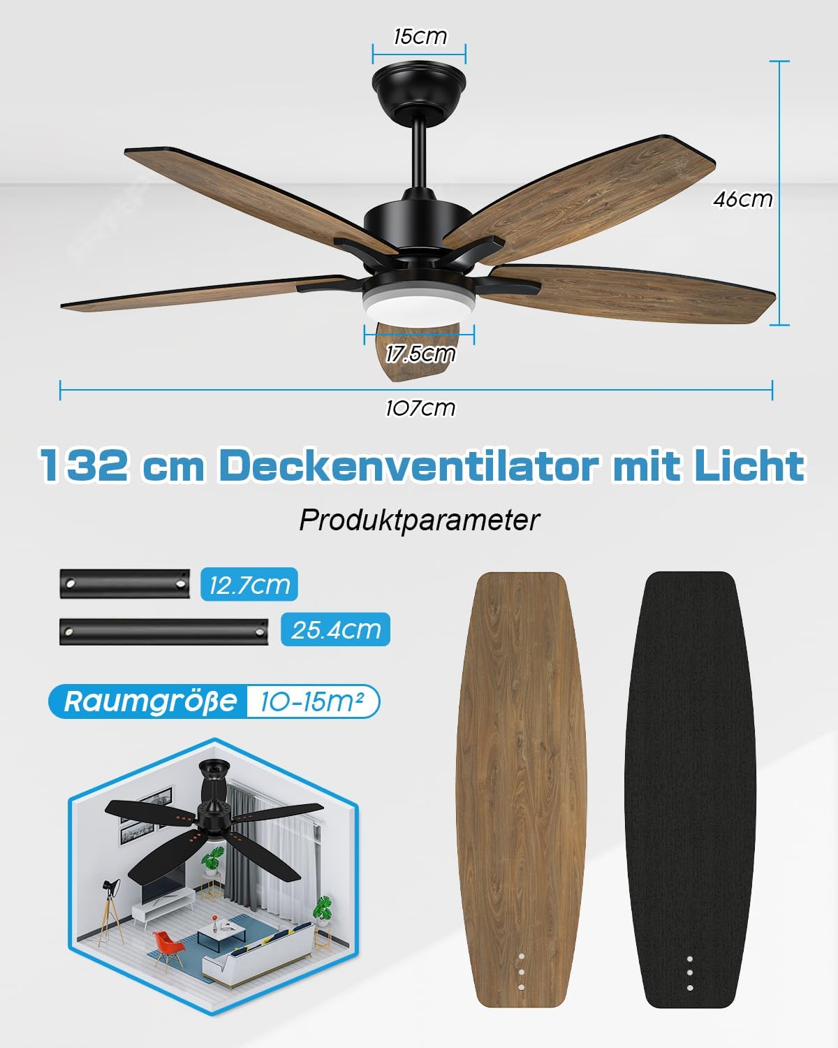 5 Blad Plafondventilator - Moderne LED Ventilator - 6 Snelheden - Dubbelzijdige Vleugels - Zwart of Bruin - Afstandsbediening - 107 cm