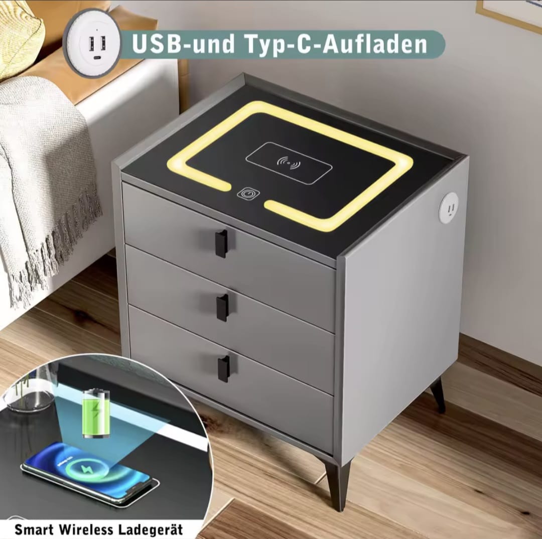 Nachtkast Met LED - 3 USB Poorten - Draadloos Opladen - Grijs - 3 Laden - 60x50x45cm - Slim Nachtkastje - Slaapkamer - 3 Kleuren LED