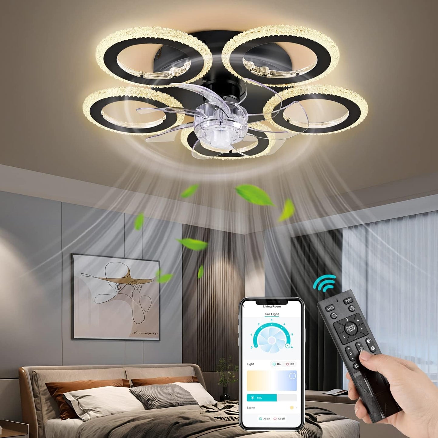 Fan Lamp - Ceiling Fan Black - Smart Lamp - With Dimmer - 6 Speed Fan - Kitchen Lamp - Living Room Lamp - Modern Lamp