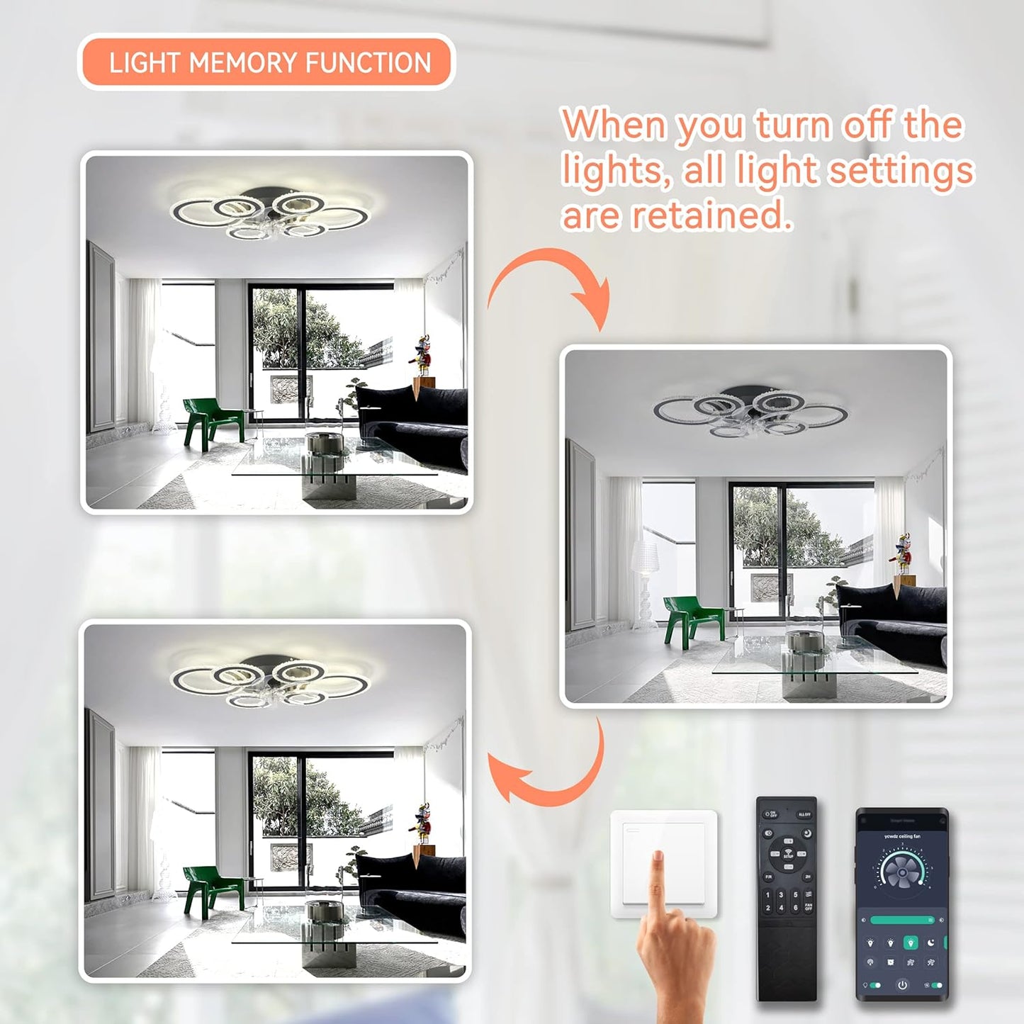 6 Ringen Kristallen Plafondventilator - Zwart - 6 Snelheden - Smart lamp - Dimbaar Met Afstandsbediening & APP - Moderne Cirkel Ventilator Licht - Crystal Kroonluchter Ventilator