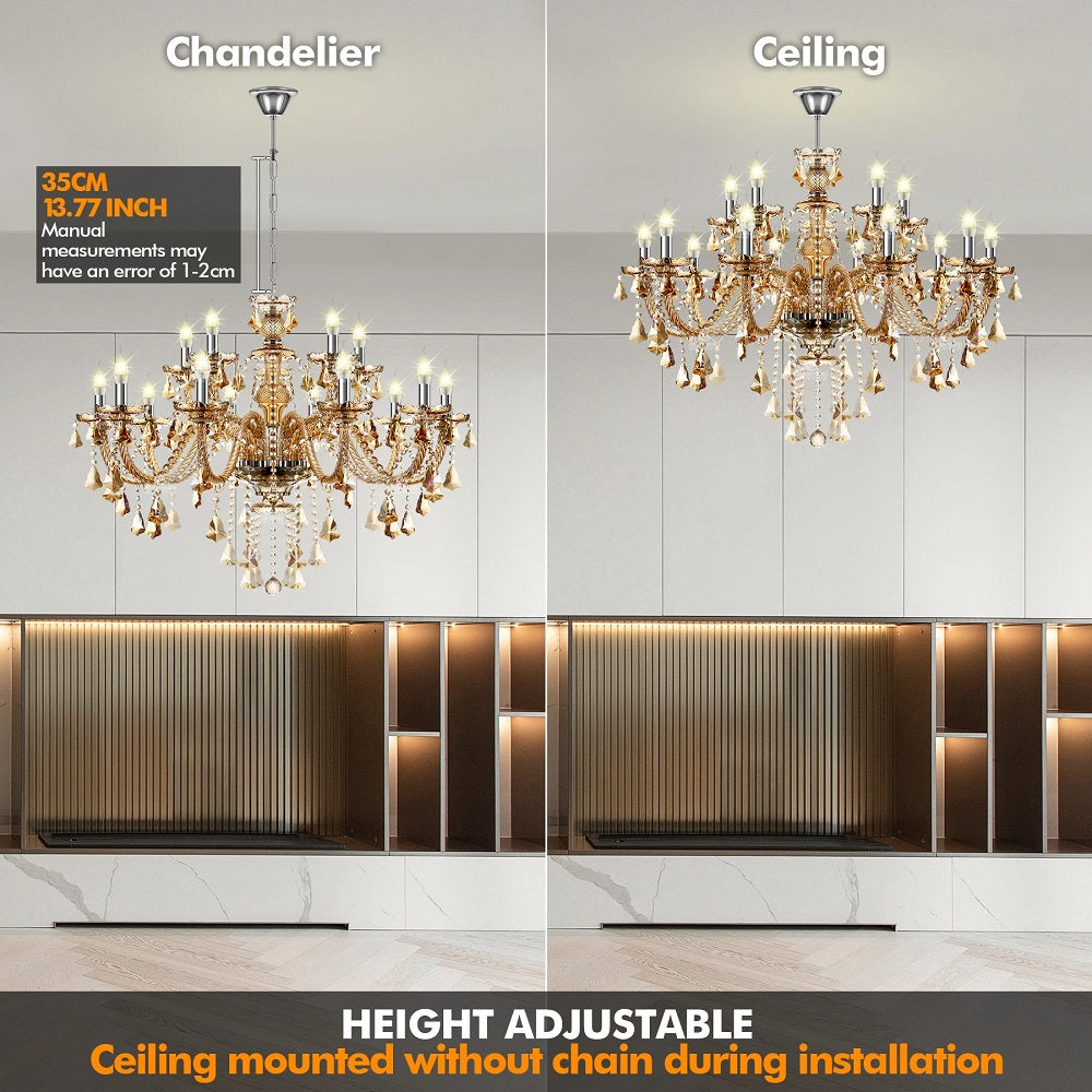 Crystal Chandelier - 15 Arm Kristallen Kroonluchter - Cognac - Hanglamp - Woonkamerlamp - Moderne lamp - Plafonniere