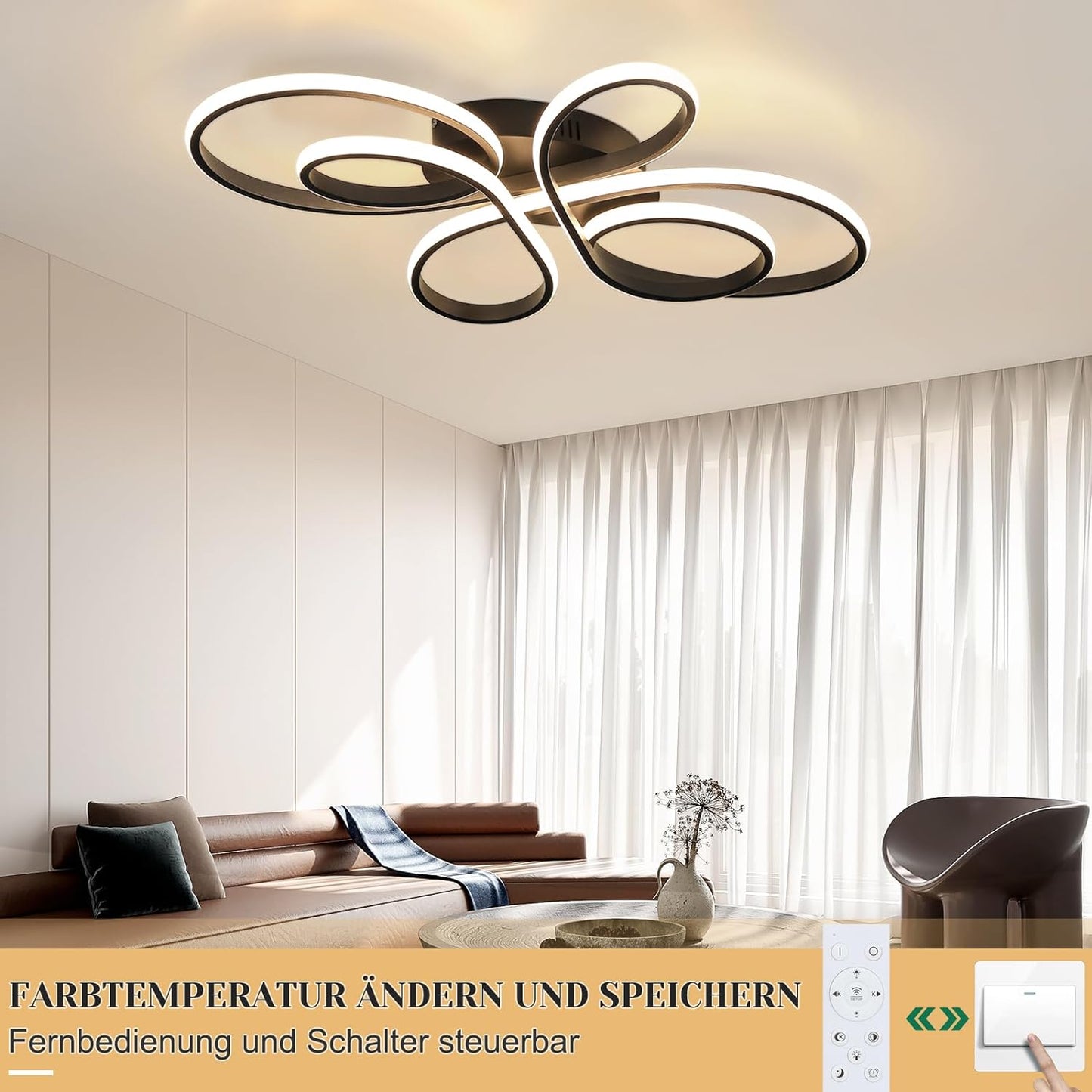 Moderne Plafondlamp - Luxe LED Kroonluchter - Dimbaar - Vlindervorm - 100 cm - Woonkamerlamp - Zwart - Plafoniere - 90W