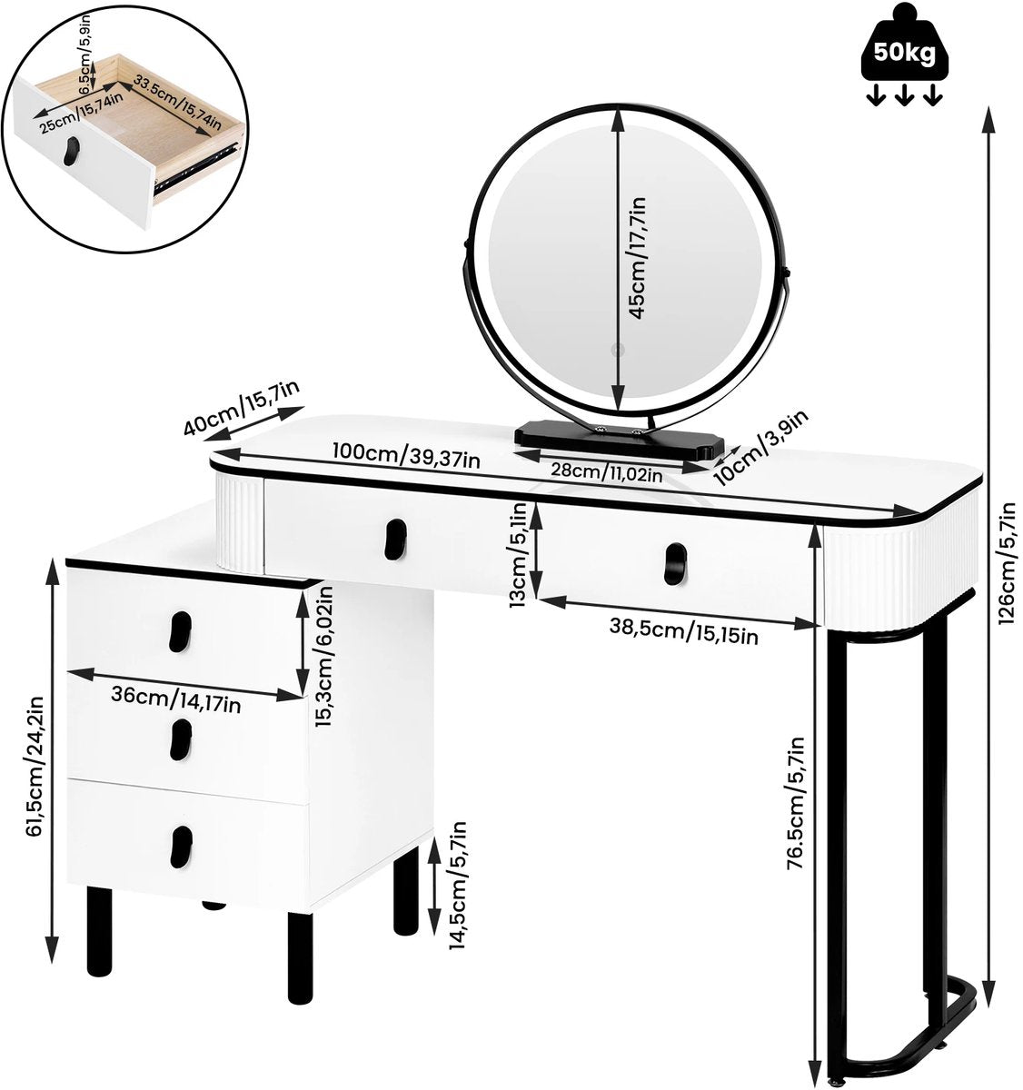 Kaptafel Met LED Spiegel - 5 Laden - USB - Touch Screen - Instelbare LED Verlichting - Make-up Tafel - Mobiele Spiegelijdelheid - Modern Design