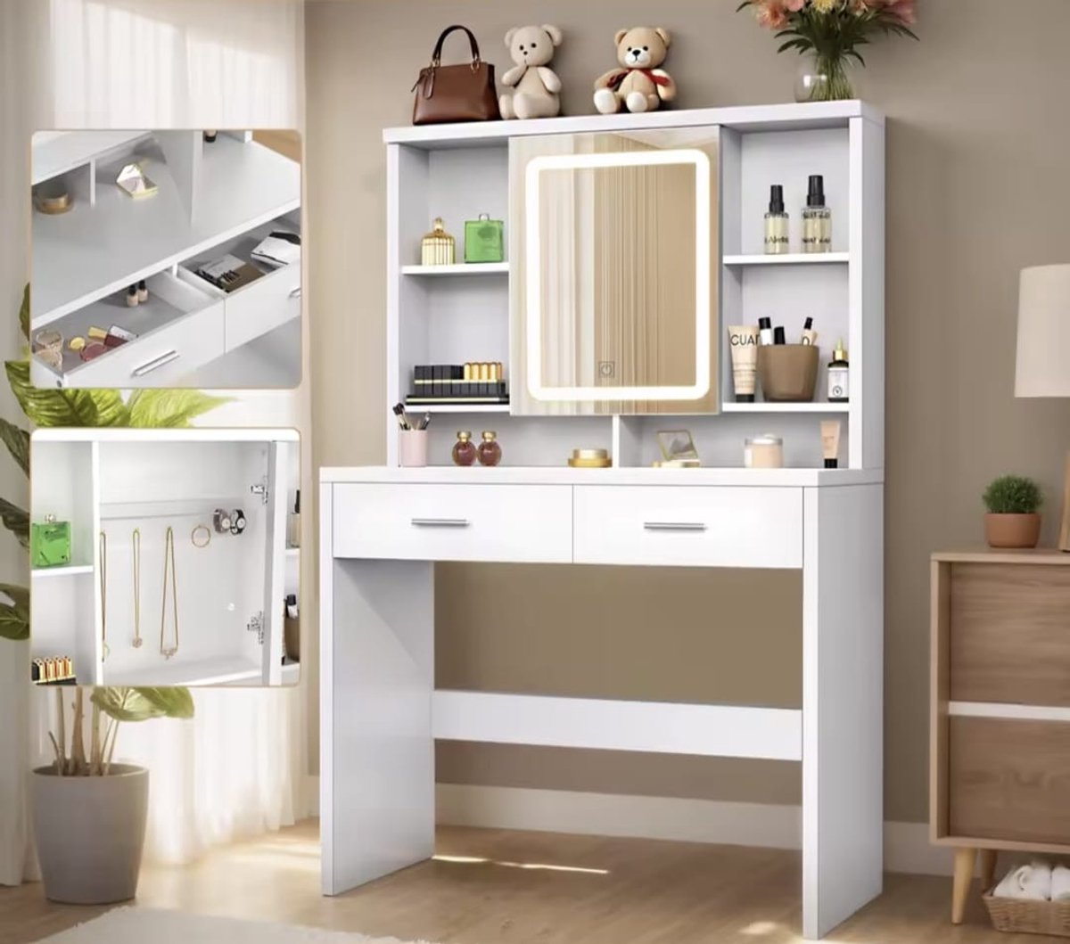 Kaptafel Met LED Spiegel - 2 Laden - Touch Screen - Instelbare LED Verlichting - Make-up Tafel - Modern Design