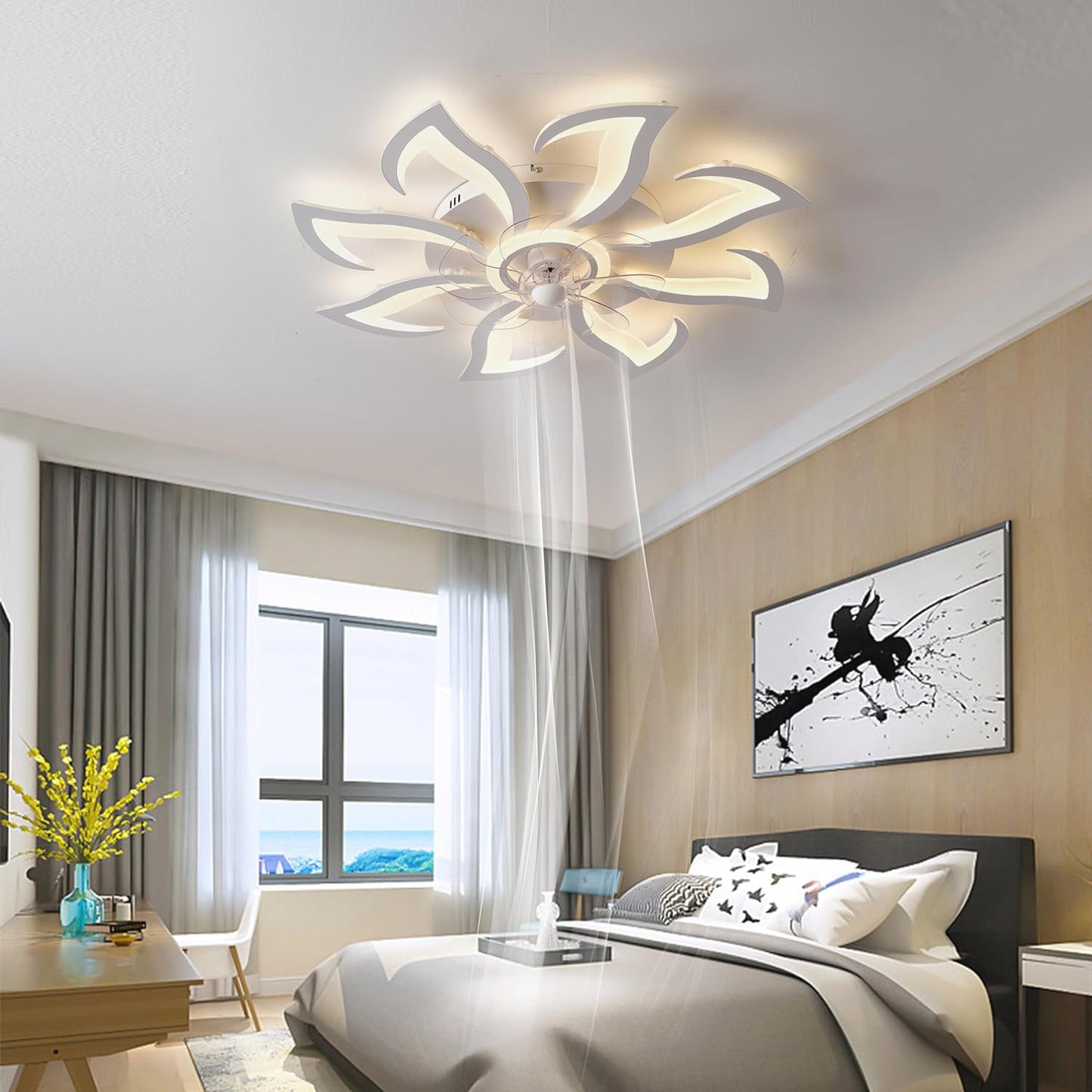 LuxiLamps - 8 Lotus Ventilator Lamp - Plafondventilator - Smart Lamp - Met Dimmer - 6 Standen Ventilator - Keuken Lamp - Woonkamerlamp - Moderne lamp