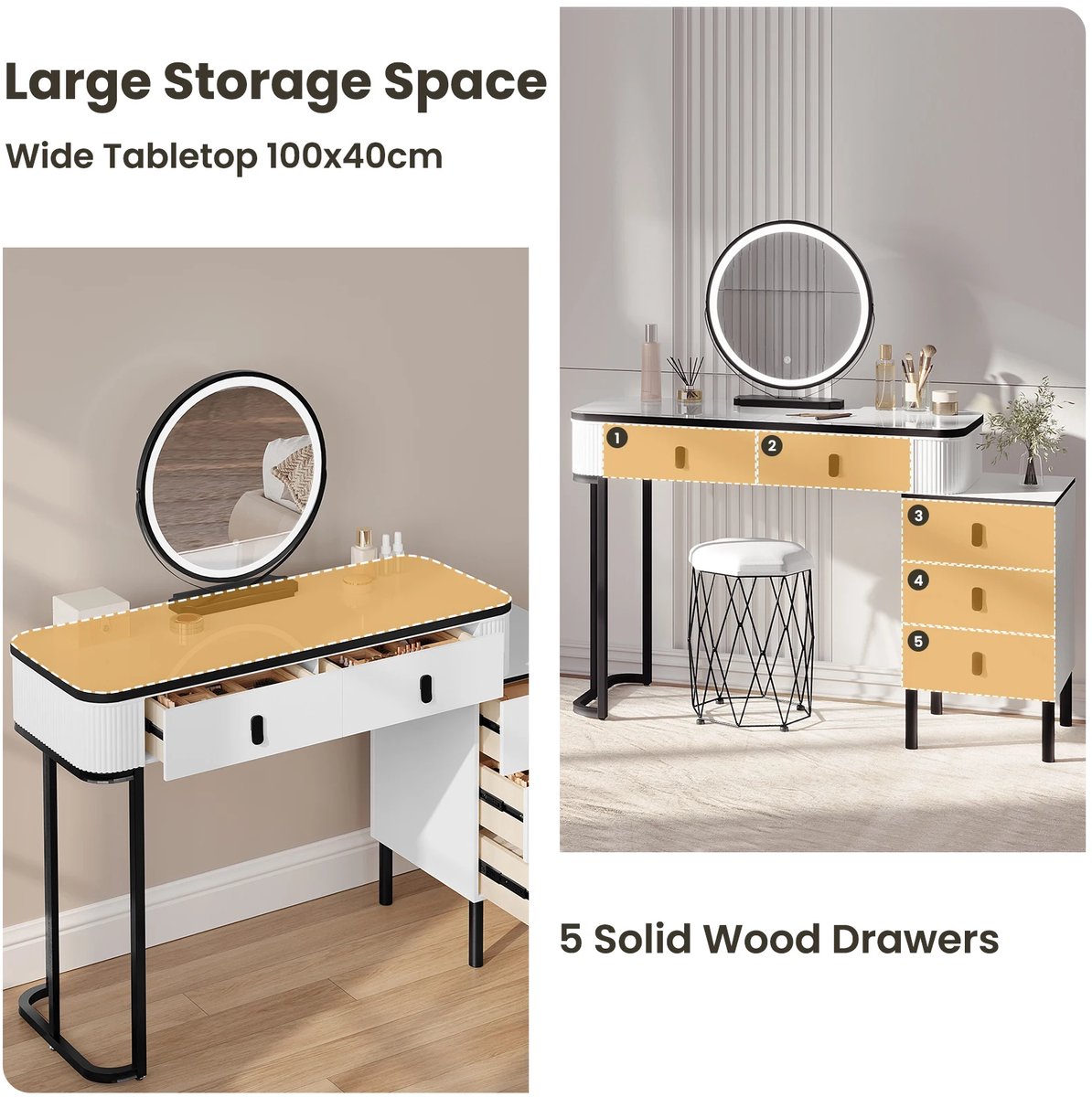 Kaptafel Met LED Spiegel - 5 Laden - USB - Touch Screen - Instelbare LED Verlichting - Make-up Tafel - Mobiele Spiegelijdelheid - Modern Design