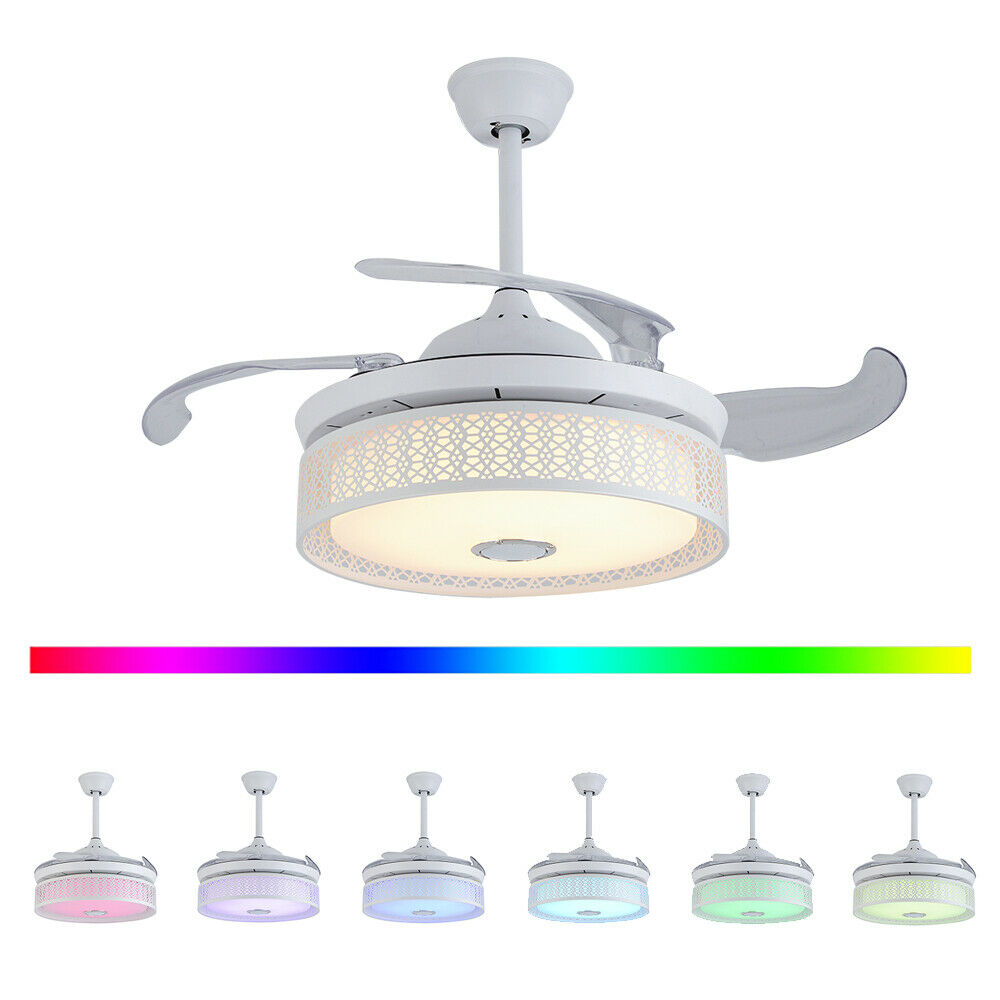 Moderne Smart Lamp Ventilator - Bluetooth - Met Speaker - Dimbaar Met Afstandsbediening - 7 Kleuren - Wit - 106 cm - Plafondventilator - Inklapbare Ventilator Lamp