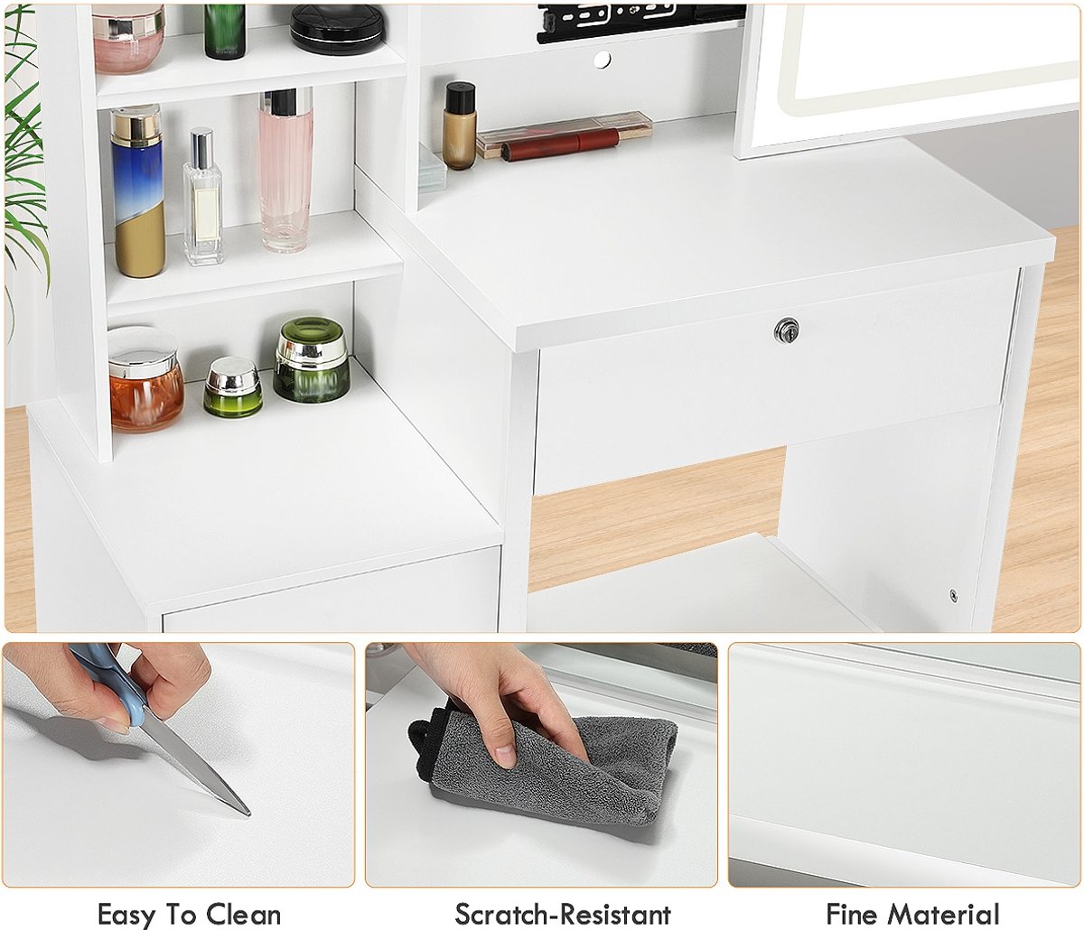 Moderne Witte Make-up tafel met Instelbare LED Verlichting - Kaptafel met Spiegel, 4 Laden - Met Slot en Aanpasbare Planken - Stijlvolle Opslag voor Make-up