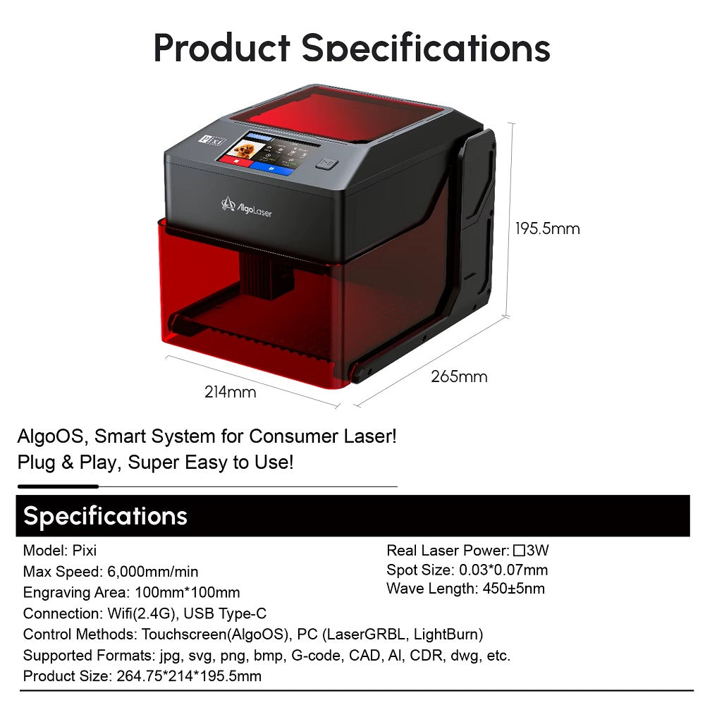 Laser Graveermachine Pixi 3W - 3.5 Inch Touchscreen - Laser Cutter - Laserprinter All In One - Graveren - Display - Zwart/Rood - Laser Snijmachine - Bedienbaar Met APP