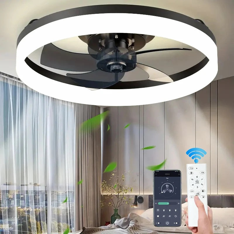 2 Rings Fan Lamp - Ceiling Fan - Black - Smart Lamp - With Dimmer - 6 Speed Fan - Kitchen Lamp