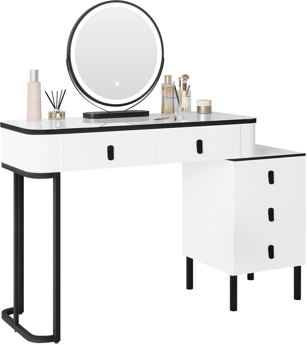 Kaptafel Met LED Spiegel - 5 Laden - USB - Touch Screen - Instelbare LED Verlichting - Make-up Tafel - Mobiele Spiegelijdelheid - Modern Design