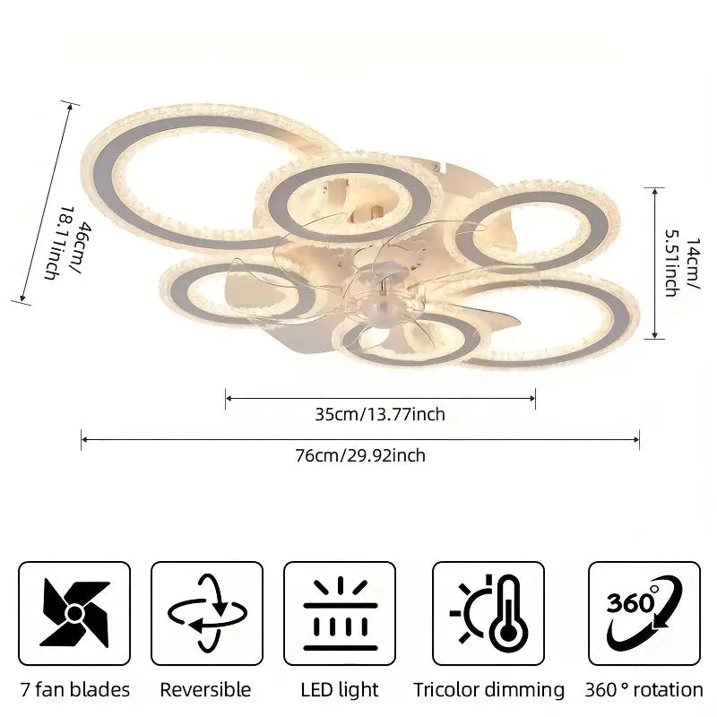 6 Ringen Kristallen Plafondventilator - Wit - 6 Snelheden - Smart lamp - Dimbaar Met Afstandsbediening & APP - Moderne Cirkel Ventilator Licht - Crystal Kroonluchter Ventilator