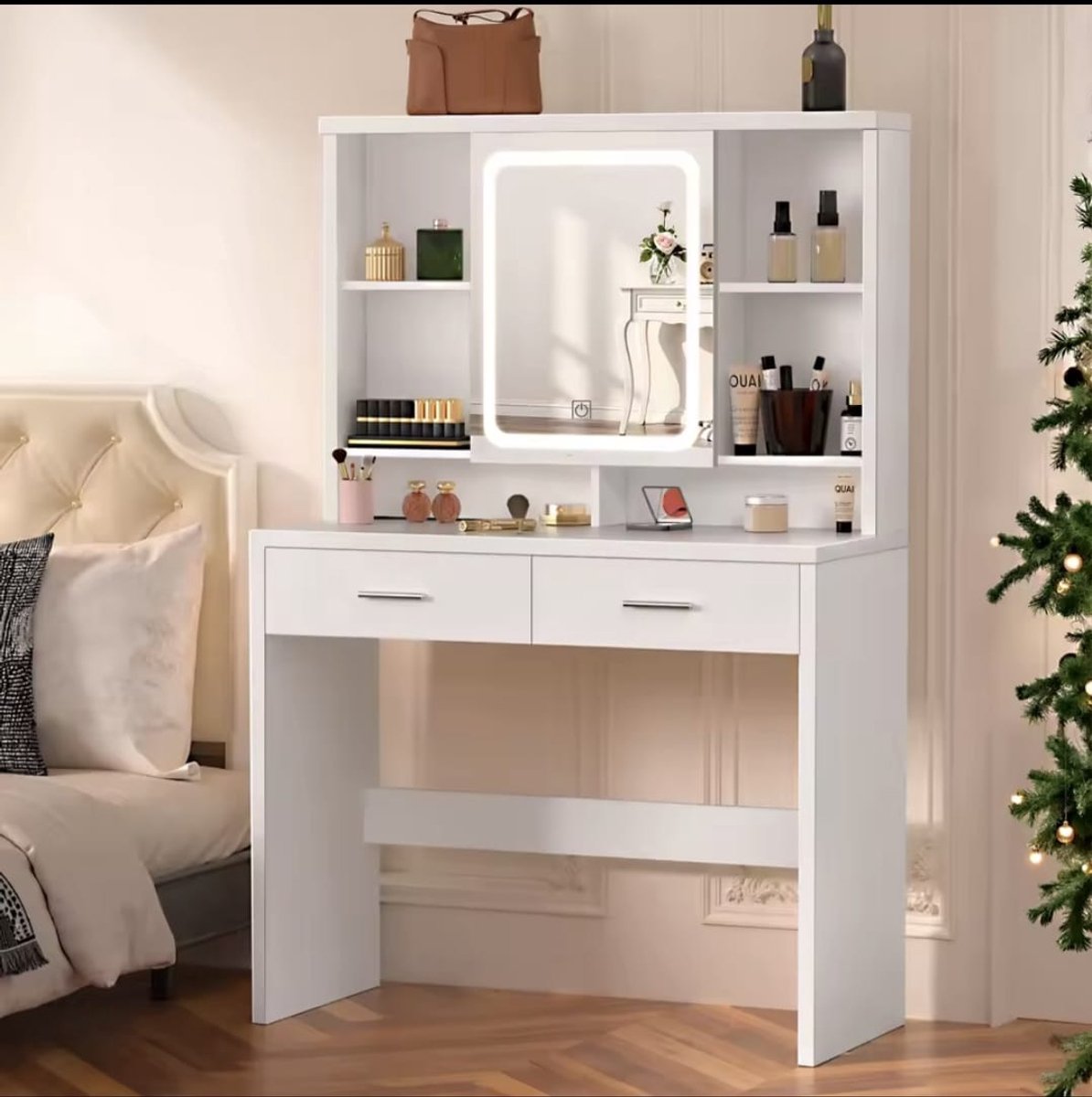 Kaptafel Met LED Spiegel - 2 Laden - Touch Screen - Instelbare LED Verlichting - Make-up Tafel - Modern Design