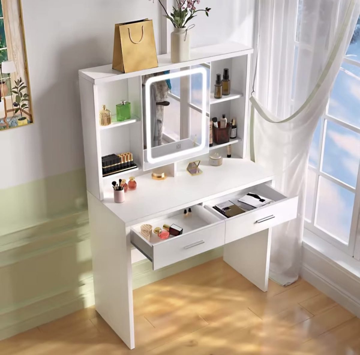 Kaptafel Met LED Spiegel - 2 Laden - Touch Screen - Instelbare LED Verlichting - Make-up Tafel - Modern Design