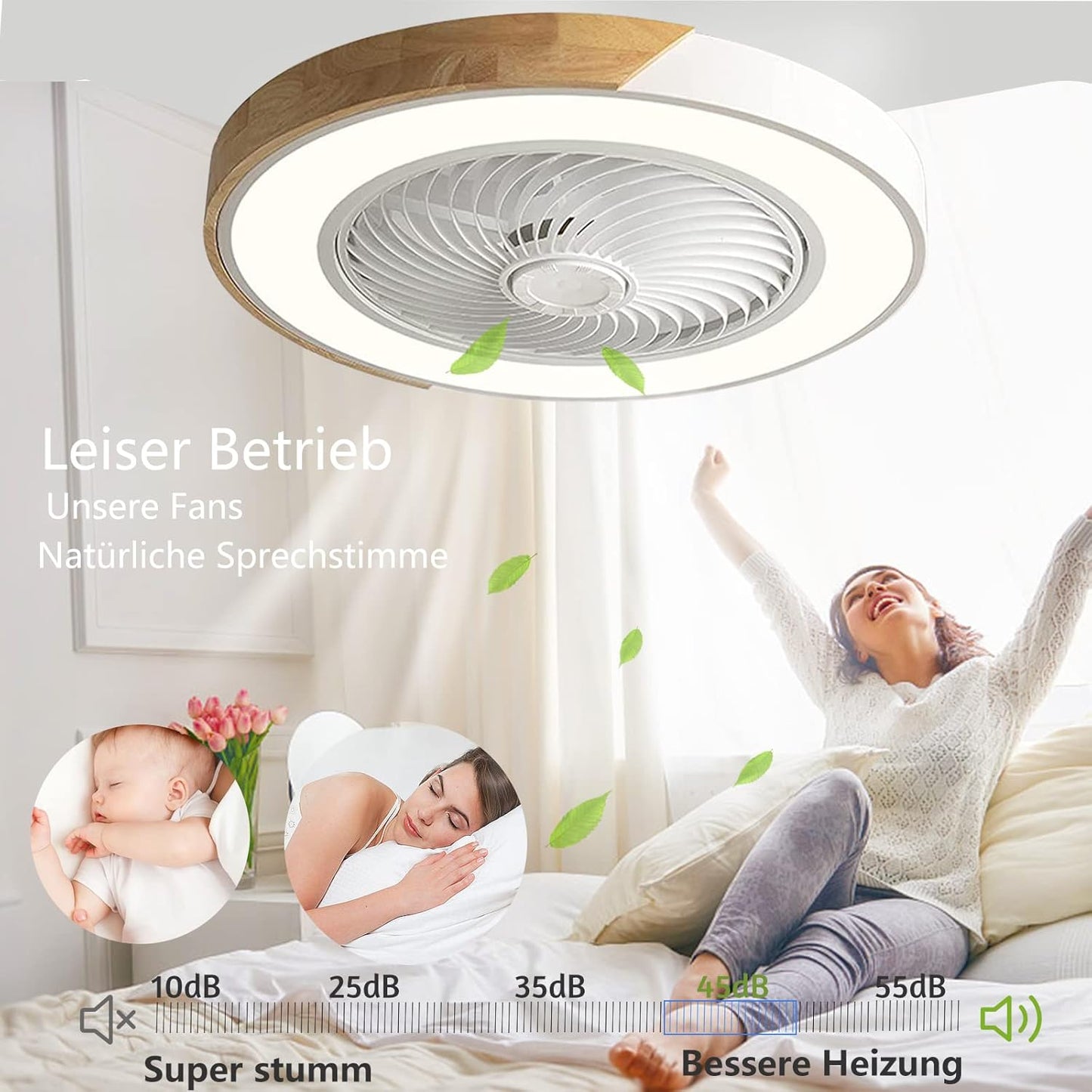 LuxiLamps - Houten Ventilator Lamp - Plafondventilator - Wit/Hout - Smart Lamp - Met Dimmer - 6 Standen Ventilator - Keuken Lamp - Woonkamerlamp - Moderne lamp