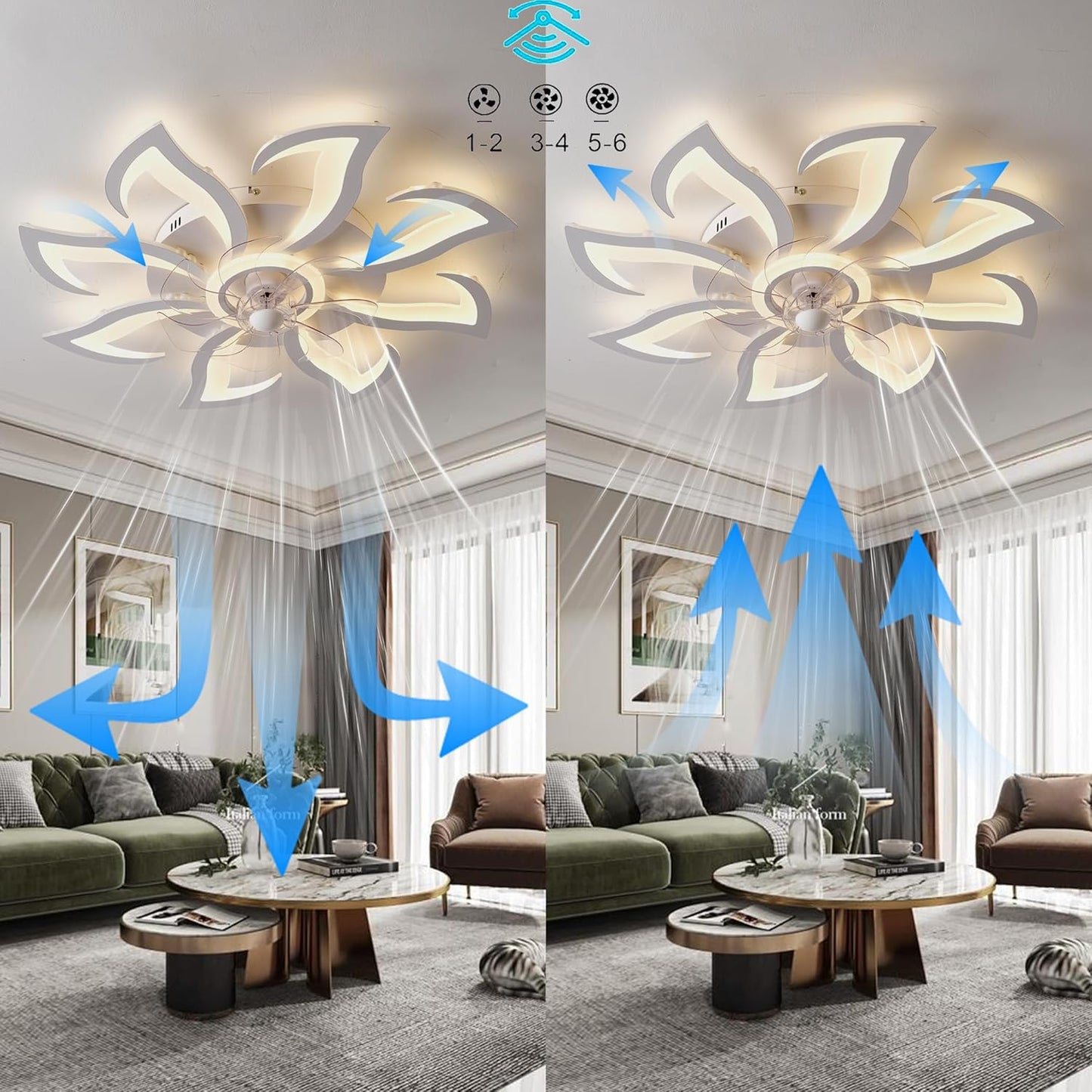 LuxiLamps - 8 Lotus Ventilator Lamp - Plafondventilator - Smart Lamp - Met Dimmer - 6 Standen Ventilator - Keuken Lamp - Woonkamerlamp - Moderne lamp