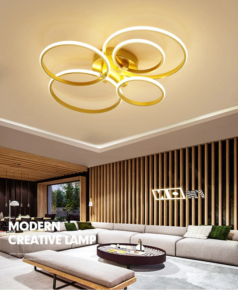 5 Ring Plafondlamp Goud - Met Afstandsbediening - Smart lamp - Dimbaar Met App - Woonkamerlamp - Moderne lamp - Plafoniere