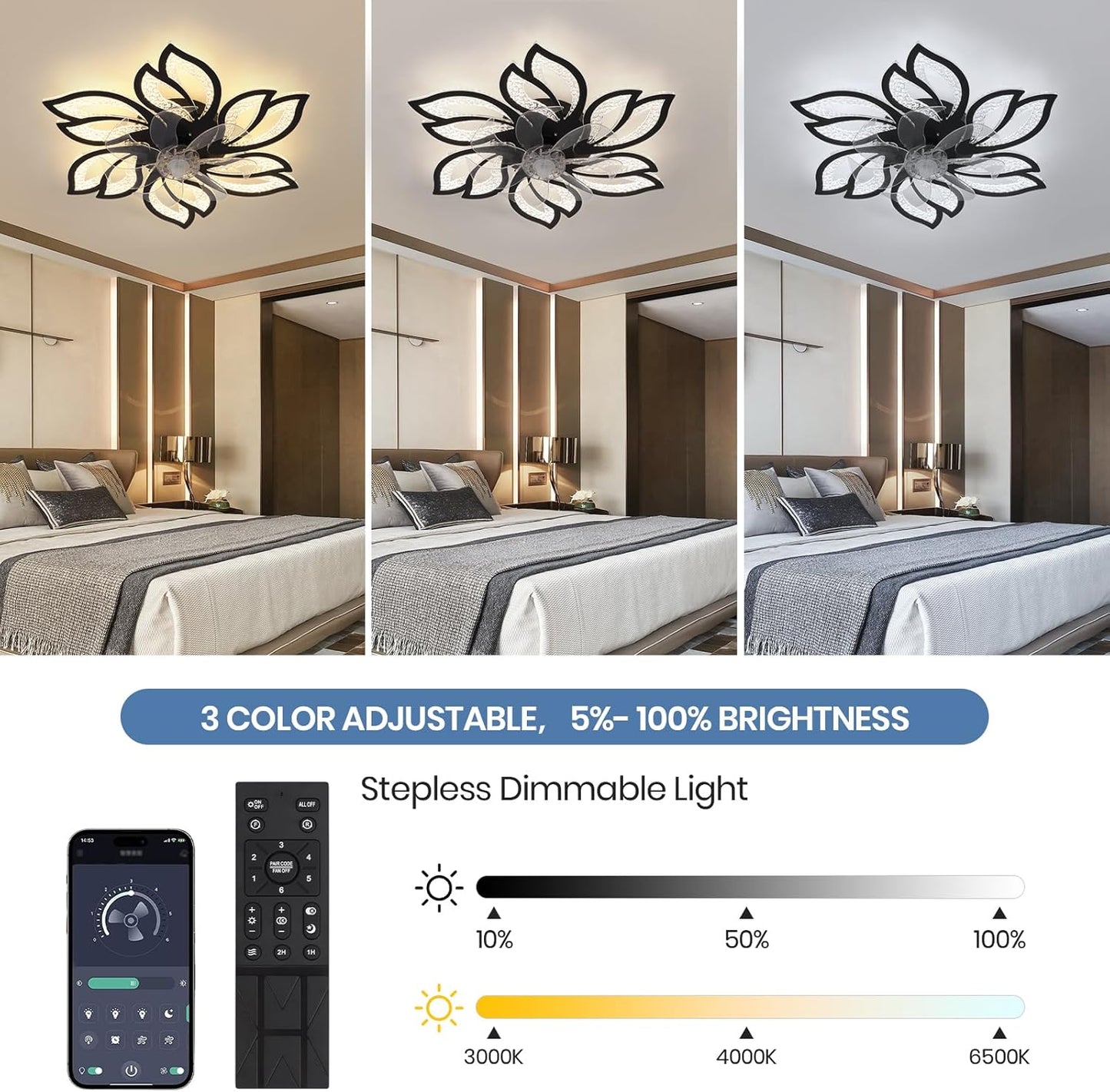 6 Bloem Crystal Ventilator Lamp - Plafondventilator - Zwart - 6 Standen - Smart Lamp - Dimbaar - Kroonluchter Ventilator - Chandelier Fan - Woonkamerlamp - Ventilator Lampen